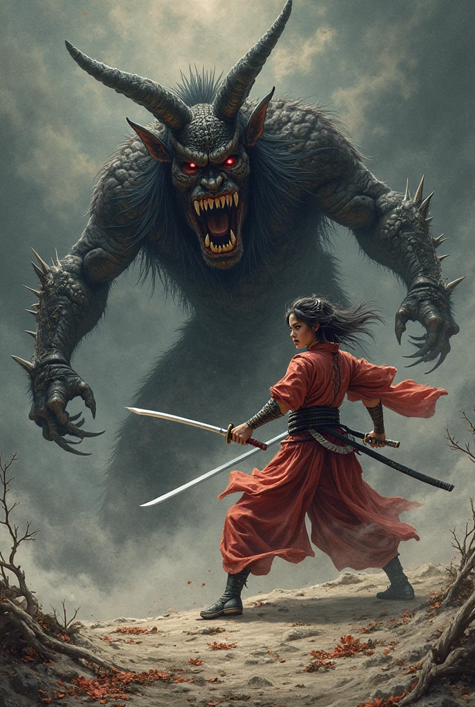 A beautifully detailed Japanese folklore painting, a tiny warrior in traditional Japanese kimono holding an oversized sewing needle, defeating a demon, highly detailed, intricate, ukiyo-e style, vibrant colors, dramatic lighting, masterpiece, 8k, realistic, photo-realistic