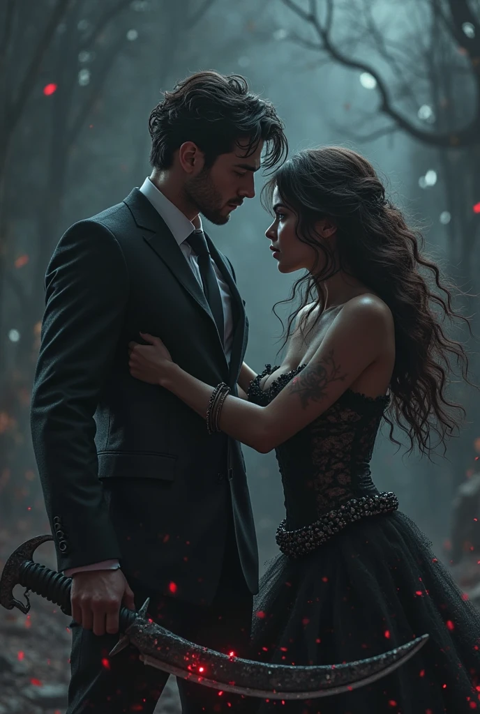 I want a picture of a beautiful girl with long black hair and dark brown eyes in the dark forest with red lighting in the background of the forest and next to the girl is a very handsome tall man with his black hair and wearing an elegant suit and his red eyes