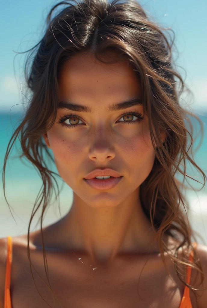 woman with long brown hair, a bit curly hair, photo of a beautiful woman, NSFW, nude, C size tits, beautiful young woman, gorgeous attractive face, attractive woman, beautiful fine face features, gorgeous woman, soft portrait shot 8 k, tanned beauty portrait, attractive beautiful face, close up portrait of a beautiful, young beautiful woman, instameow, a few face freckles, jaw line, blue eyes, gorgeous nose, gorgeous face, long hair, full body shot, cute posing, homemade lighting, professional shoot, standing in the beach between two palms, colorful hat
