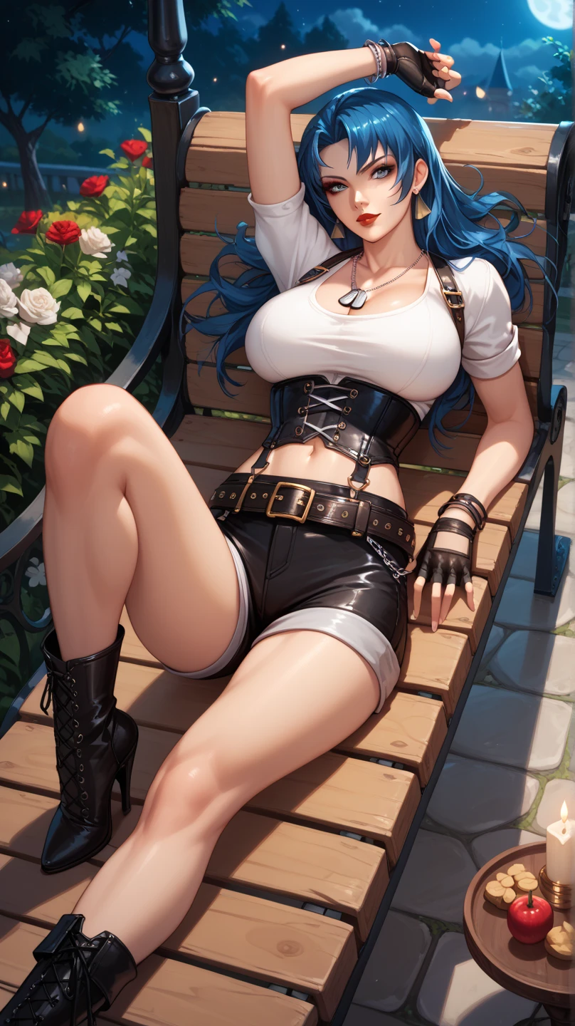 Sexy leona heidern, blue eyes,  long hair,  DARK BLUE HAIR LENSES, red lips,   triangle earrings, dog tags, big breasts, wearing a corset , suspenders,  white shirt,  tight black shorts, belt with chains, fingerless gloves, bracelets, thigh-length boots,  high heels , In a medieval garden,  at night, lying down,on a marble bench, pose sexy, open legs,  Aerial view ,