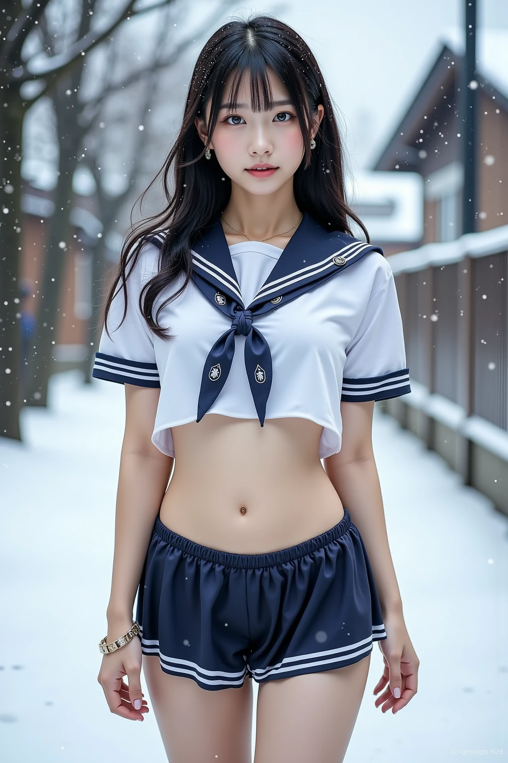 (Photo_\\(Medium\\):1.2), 1girl in, (Photorealsitic:1.2), hyper realisitic, photorealisim, a closeup, Raw feet, A dark-haired, bobhair, bangss, Black eyes, steampunc, a sailor suit, , hi-school girl, kawaii, goose bumps, Ultra mini skirt, Dark blue pleated skirt, Heavy snow falls on the snowy mountain,a backdrop of, Ephemeral, Full body, is standing, Injured leg, Goosebumps on my arms, Goosebumps on my feet, Super beautiful legs, depth of fields, in 8K, VFX, nffsw, Very slender girl, Very short socks, Tri-fold white socks, Very short sleeves, Cute, bruised, Short sleeves even in winter, a beauty girl, Idol, Dangerous shooting, Y2K、((Sexy panties in full view:1.0))、((Spread your legs wide:1.5))