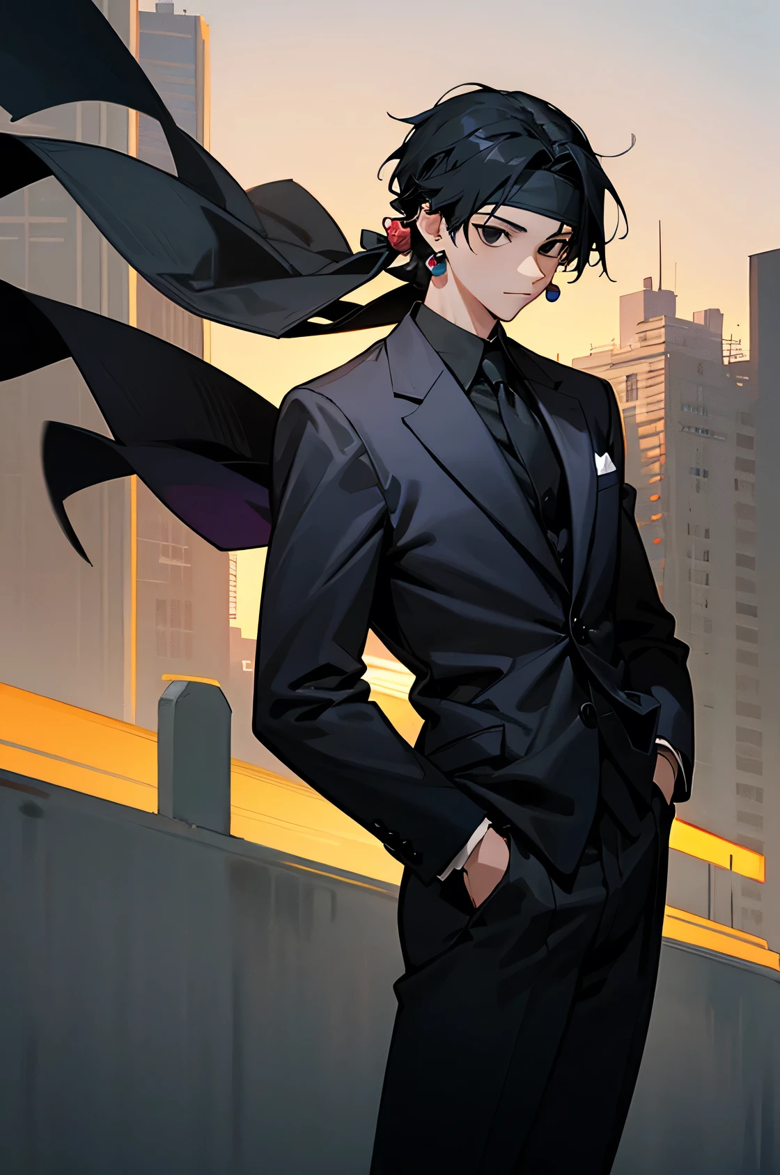 Young , male, earings, Black suit, hands in pocket, black hair, black eyes, city background,headband,