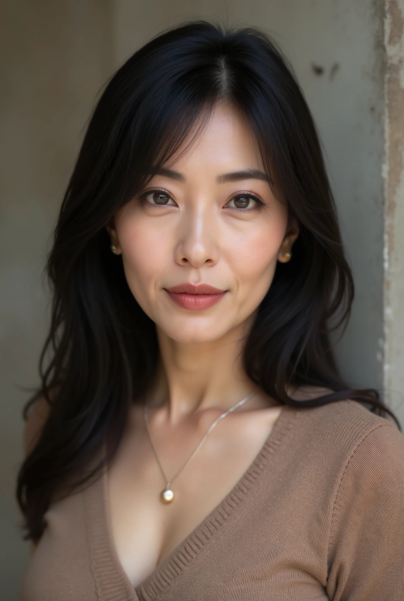 mature woman, ( detailed description of the hair), ( face ), ( detailed description of the main body centered on a slightly downward profile ), high definition , Masterpiece, Top quality , high detail, formal: 1.4), ( realistic : 1.2, super realistic : 1.1, realistic: 1.37), ( sharp concentration: 1.4), teeth , Looking up with moist eyes , Very Long Hair , Unmatched Beauty , (Ultimate beauty), ( lipstick :1.1), ( eyeliner :1.2), ( mascara), ( eyeshadow ), (48 years old,: 1.4), Japanese 、 close-up 、 Fine laugh lines :1.2、 bewitching smile,(Mocha beige side slit sweater )、( Industrial wall and concrete texture background), smiles, necklace,Golden Ratio