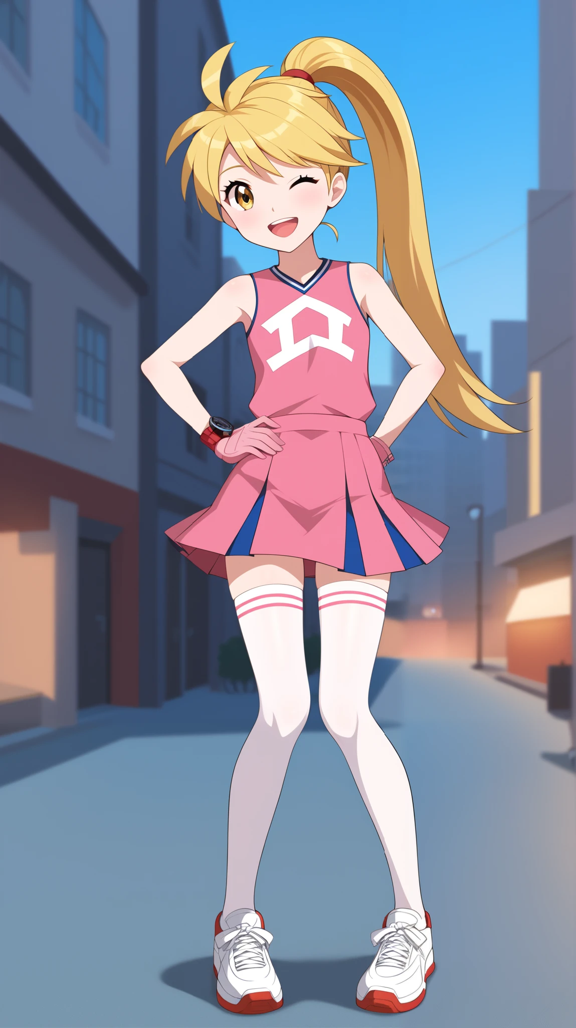 ((TOP QUALITY)), ((masterpiece)), (exhaustive), 1girl , Two Legs, two arms, golden hair color, ponytail, long hair, yellow eyes, cheerleader, pink sleeveless shirt without gloves, pink pleated mini skirt , white knee-high stockings reflective on glass floors, absolute domain, thighs, white lace up shoes , Height, anime coloring book, watch viewers, 1 Female, Age 18, standing, full body, slim figure, sexy smile, seductive smile, wink, Close one eye, open your mouth, City, (\ Pokémon\), score_9, score_8_ excellent, score_7_ excellent, score_6_ excellent, source_anime, Cell Shading, flat color, vector,
