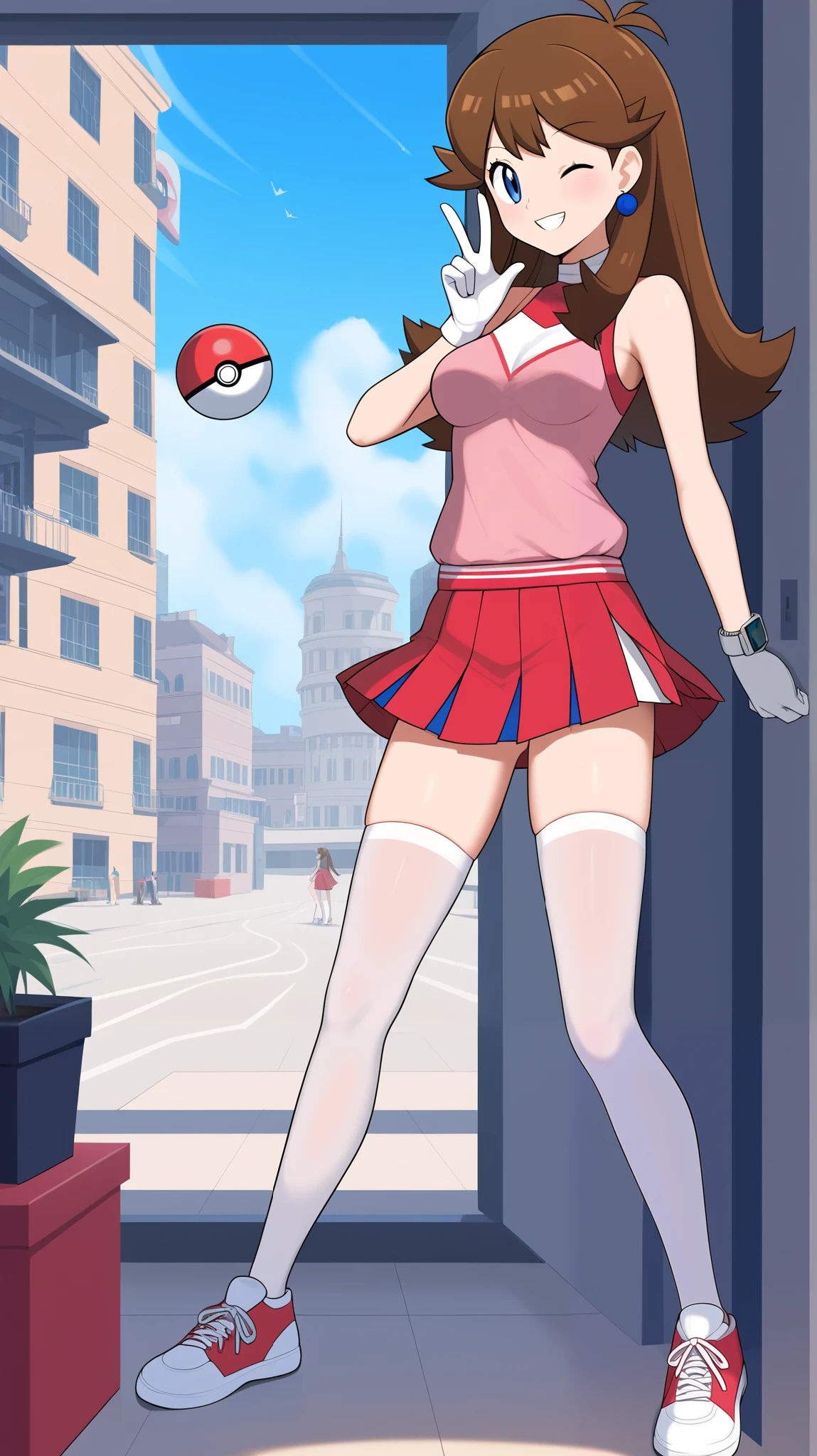 ((TOP QUALITY)), ((masterpiece)), ((exhaustive)), 1girl , Two Legs, two arms, orange brown hair color, long hair, blue eyes, cheerleader costume, pink sleeveless shirt without gloves, pink pleated mini skirt , white knee-high stockings reflective on glass floors, absolute domain, thighs, white lace up shoes , blue earrings, sexy smile, seductive smile, wink, Close one eye, watch viewers, Pom-pom, standing, Height, anime coloring book, 1 Female, Age 18, Three idiot hairs , with bangs, full body, slim figure, Ample breasts, City, (\ Pokémon\), score_9, score_8_ excellent, score_7_ excellent, score_6_ excellent, source_anime, Cell Shading, flat color, vector,