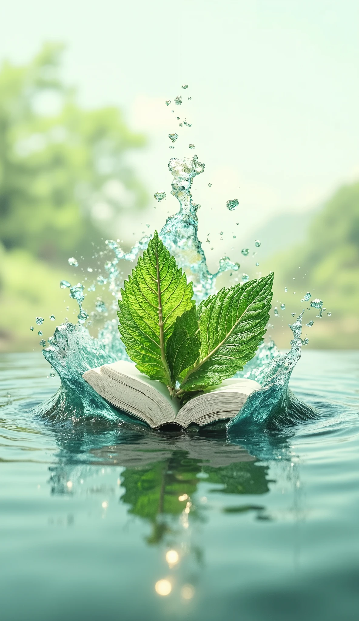 A minimalist and modern book cover about natural health, with soft shades of green (emerald, Menta) and white and gold details. in the center, A stylized sheet (such as a tea leaf or mint) with shiny drops of water, symbolizing vitality and freshness . Clear background with a soft gradient from light green to white, creating a sense of lightness and balance. Clean, contemporary style, with space for the book title and subtitle. Include subtle details, such as fine lines or organic geometric patterns, for depth and sophistication.