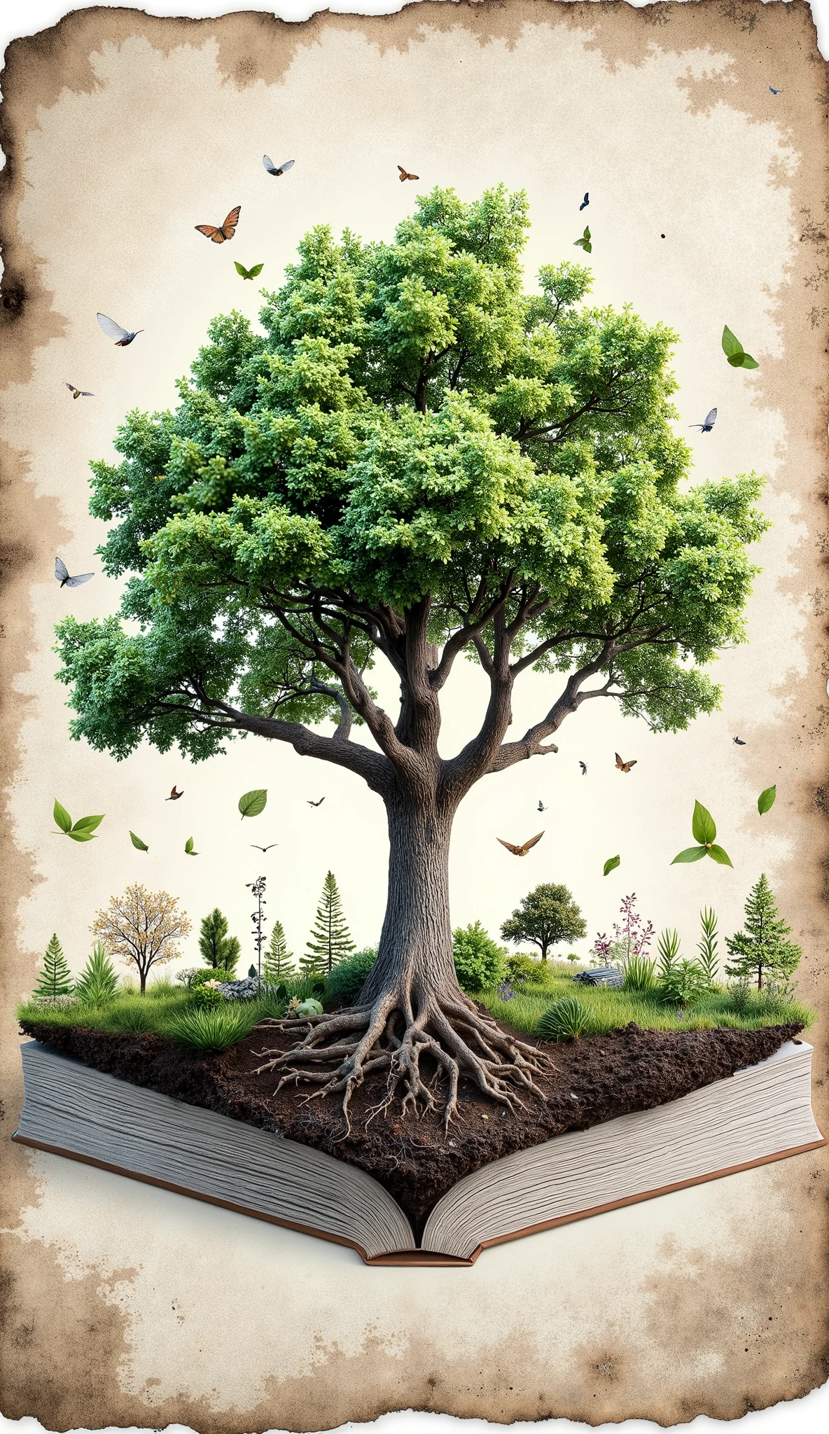 An artistic and organic book cover about natural health, with earthy tones (Moss green, light brown, longing) and details in aged gold. in the center, a hand illustration of a tree with deep roots, green leaves and small fruits, symbolizing growth and vitality. around, natural elements such as leaves, flowers and herbs drawn in a delicate and handmade way. Background with aged paper texture or canvas, giving a rustic and welcoming aspect. art style uniforms, with hand strokes and soft colors, conveying a sense of connection with nature. Include space for the book title and subtitle, with handwritten or seriphed font to match the handmade style.