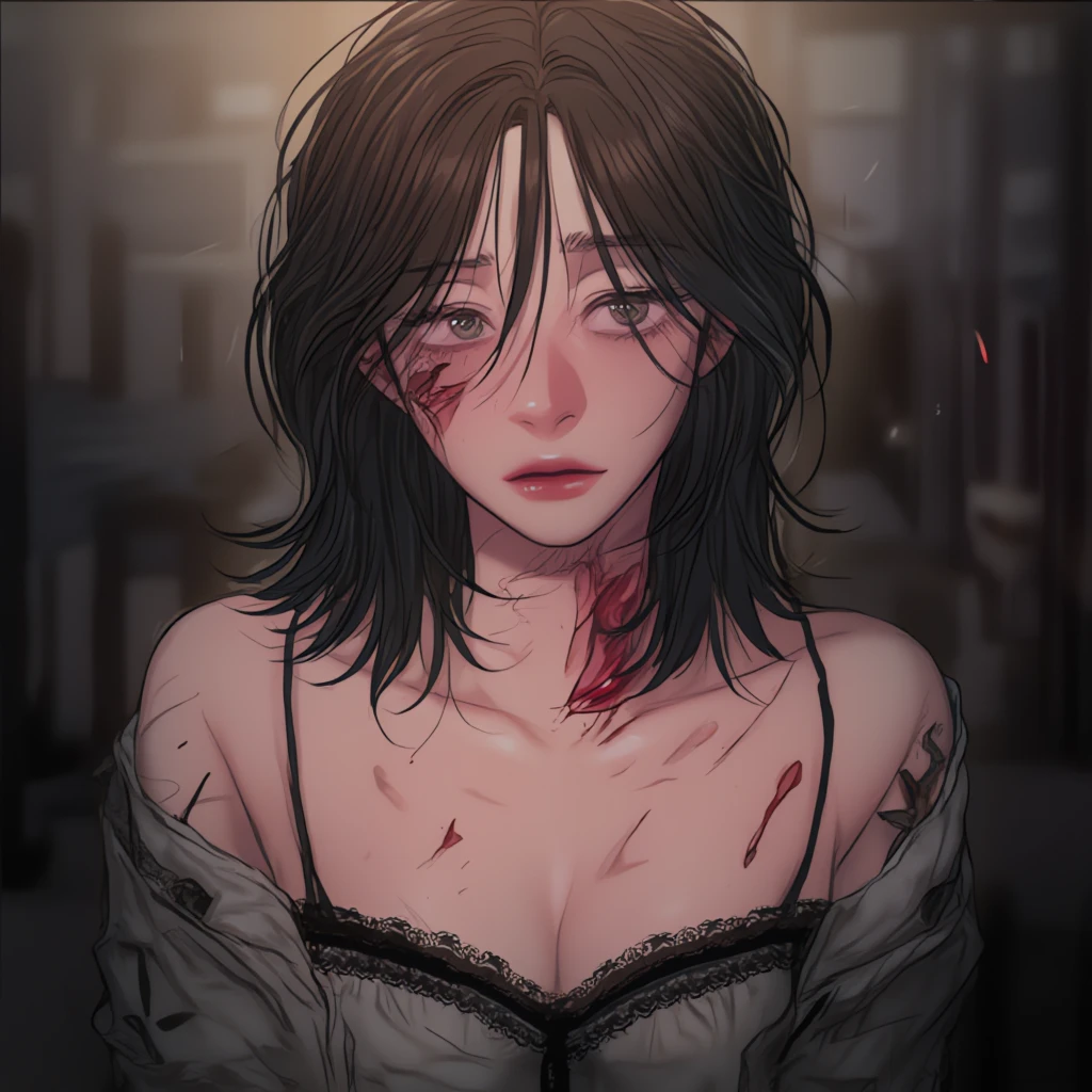 Sweating, Lara Croft, blood everywhere, Lara Croft covered in blood, looking at viewer psychotically, creepy smirk, side view, toned muscles,
