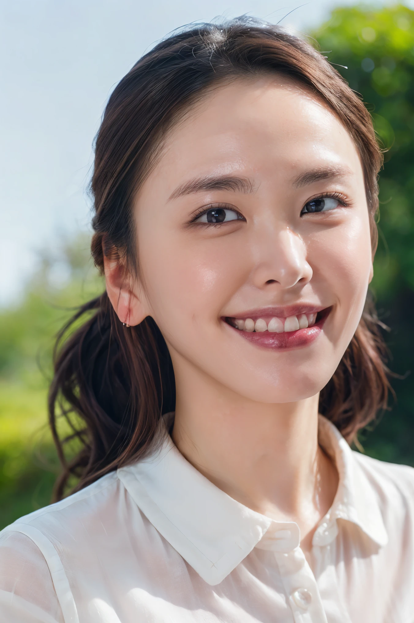 (realistic, photo-realistic:1.37), (masterpiece, best quality:1.2), RAW photo, 8k, high resolution, intricate details, extremely detailed, sharp focus, cinematic lighting, frontal photography, view from below, looking at viewer, solo, a Japanese actress, (naked, open white collared-shirt unbuttoned, black heart-shaped nipple pasties:1.5), short dark hair, detailed face, detailed eyes, sophisticated nose, pale skin, fine-textured skin, sweaty, shiny skin, (cheerful grin, teeth out), photo background, outdoors, daylight,