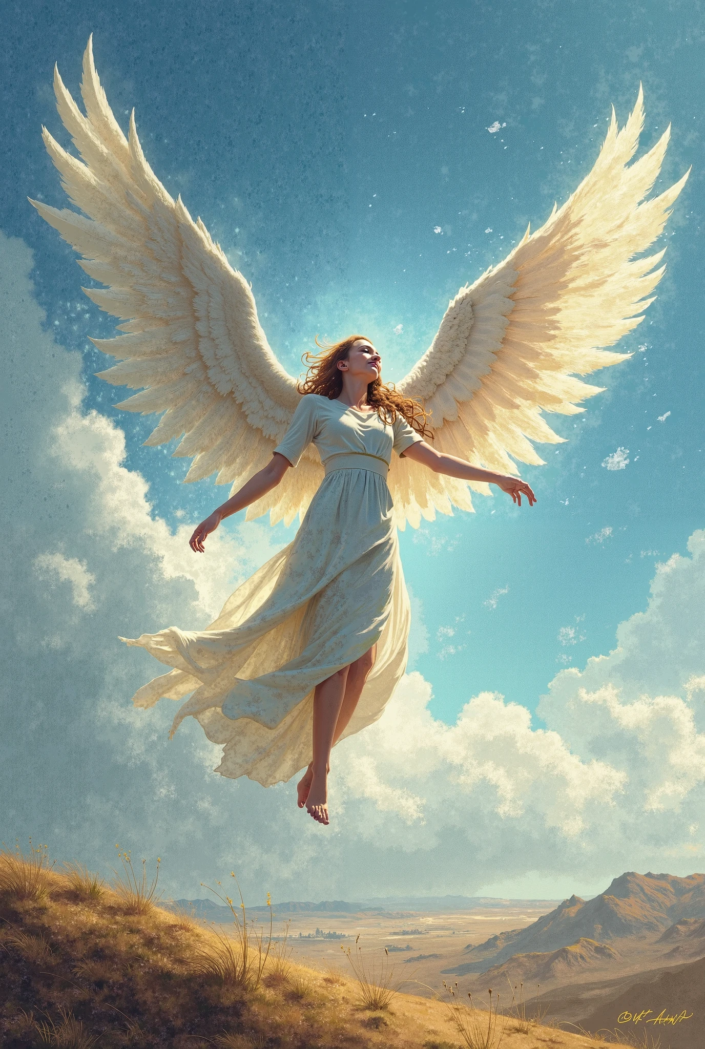 there is a woman that is flying in the air with a bird, female ascending into the sky, flying angels, with wings, spreading her wings, winged human, big angel wings wide open, girl with angel wings, icarus falling from the sky, she is approaching heaven, as a mystical valkyrie, with real wings, angel with black wings