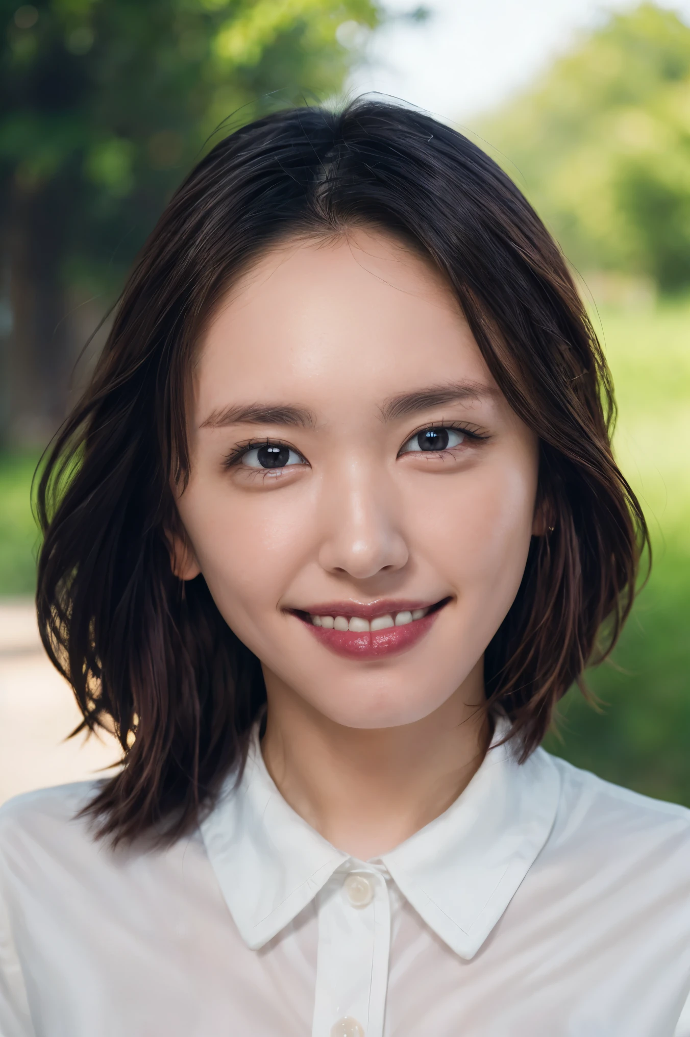 (realistic, photo-realistic:1.37), (masterpiece, best quality:1.2), RAW photo, 8k, high resolution, intricate details, extremely detailed, sharp focus, cinematic lighting, frontal photography, view from below, looking at viewer, solo, a Japanese actress, (naked, open white collared-shirt unbuttoned, black heart-shaped nipple pasties:1.5), short dark hair, detailed face, detailed eyes, sophisticated nose, pale skin, fine-textured skin, sweaty, shiny skin, (cheerful grin, teeth out), photo background, outdoors, daylight,