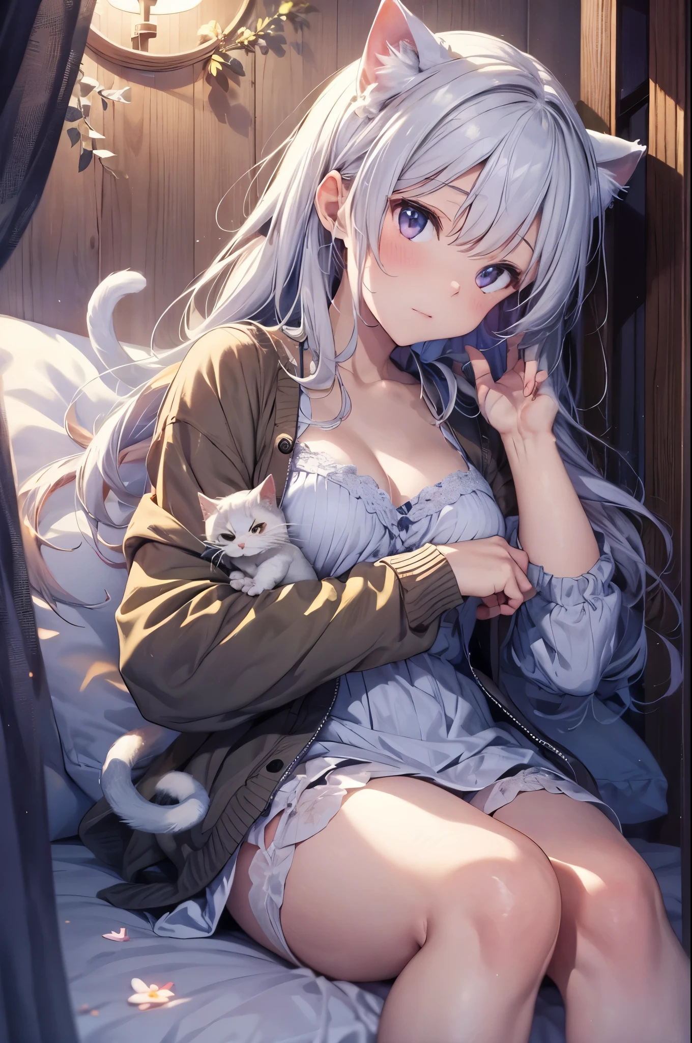 masterpiece, highest quality,(Shining eyes、detailed beautiful face), 1 girl,smile、 ((Adult-like underwear))、((Detailed design bra and panties)),(Finely drawn beautiful eyes and detailed face),cinematic lighting,bust shot,very detailed、8K wallpaper,gray hair,alone,smile,((There&#39;s a cat at my feet)),(Cute bedroom), morning、 (bright theme:1.3), light, everyday scene、(highest quality、masterpiece、High resolution、detailed)、beautiful anime