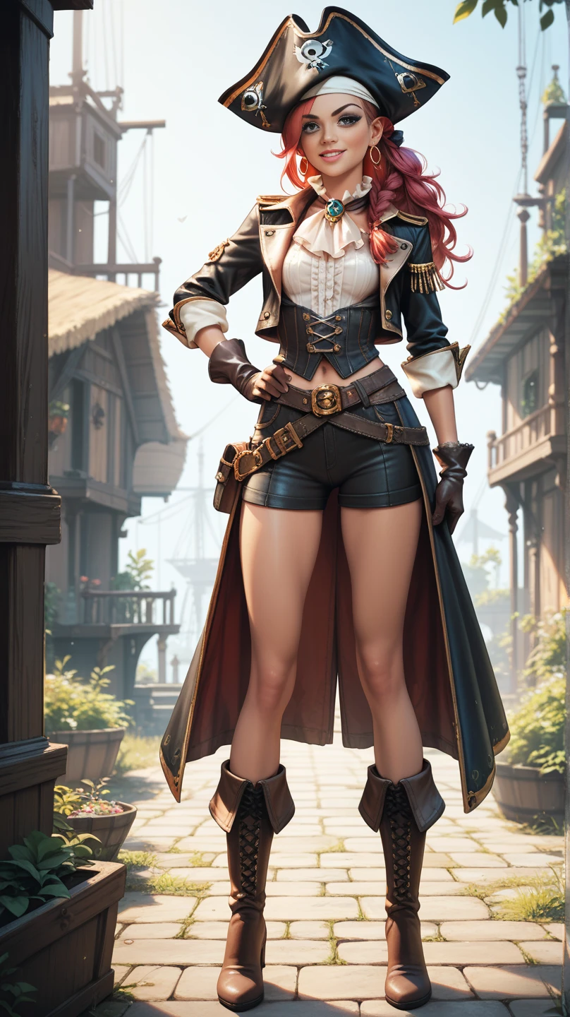 there is a woman in a costume with a hat and a bag, female pirate captain, female lead character, realistic character concept, pirate woman, character full body portrait, post - apocalyptic cowgirl, stunning character art, snow white as a d & d fighter, full body character portrait, by senior character artist, alexandra fomina artstation, beautiful full body concept art