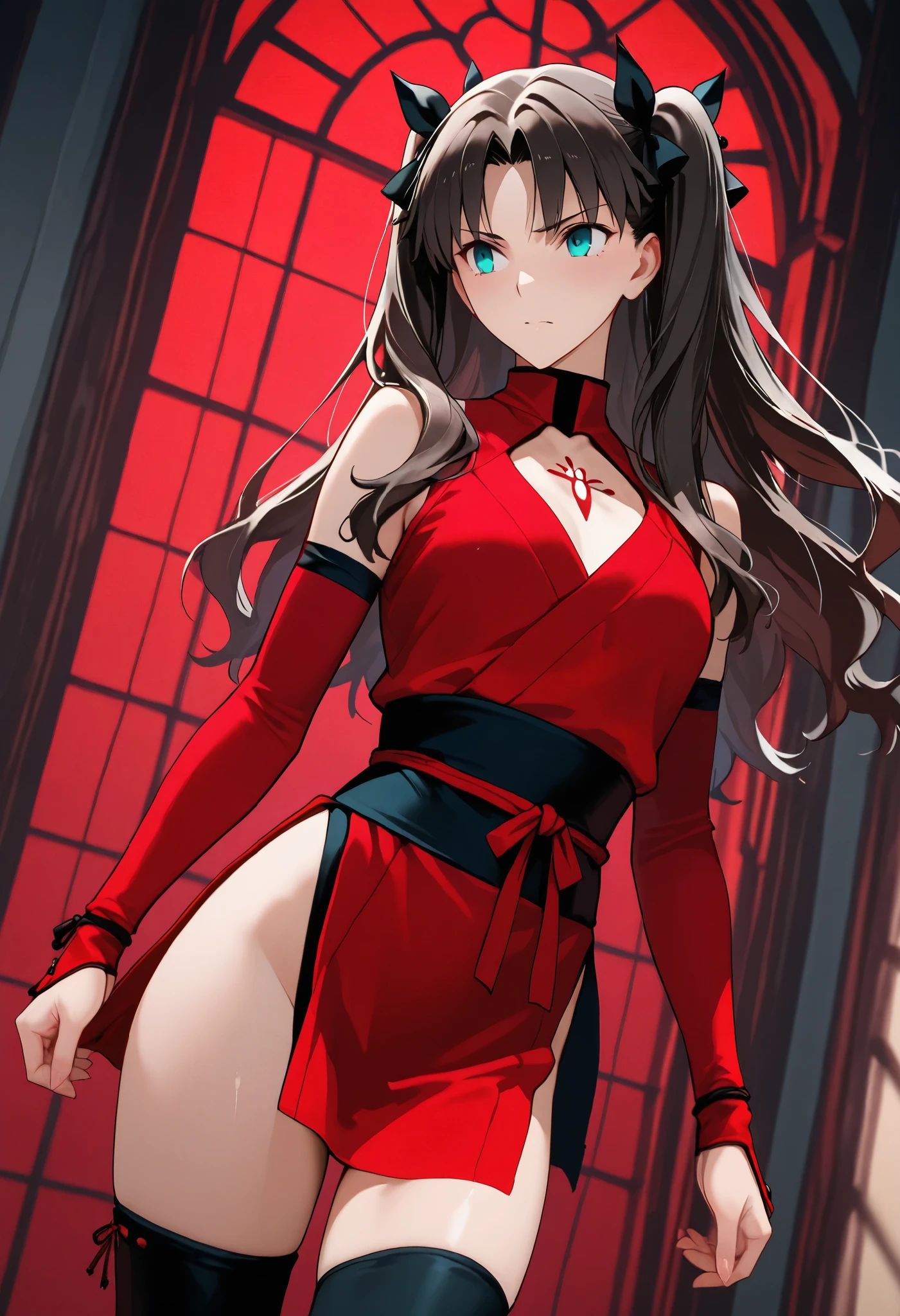 Tohsaka Rin, in a castle, kunoichi, black and red kunoichi outfit, elegant, dominant, dutch angle, cowboy shot, perfect eyes, perfect body