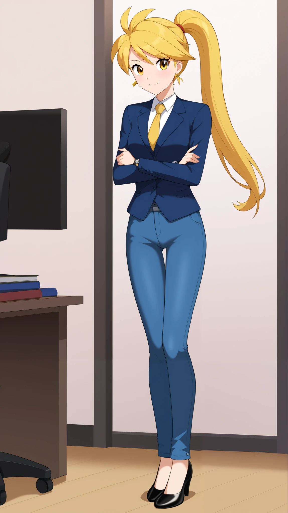 ((TOP QUALITY)), ((masterpiece)), (exhaustive), 1girl , Two Legs, two arms, Alone, golden hair color, ponytail, long hair, yellow eyes, yellow earrings, career woman, business suit, jeans suit, black high heels, Height, anime coloring book, watch viewers, 1 Female, Age 18, standing, full body, cross arms, small tits, slim figure, sexy smile, seductive smile, office, (\ Pokémon\), score_9, score_8_ excellent, score_7_ excellent, score_6_ excellent, source_anime, Cell Shading, flat color, vector,