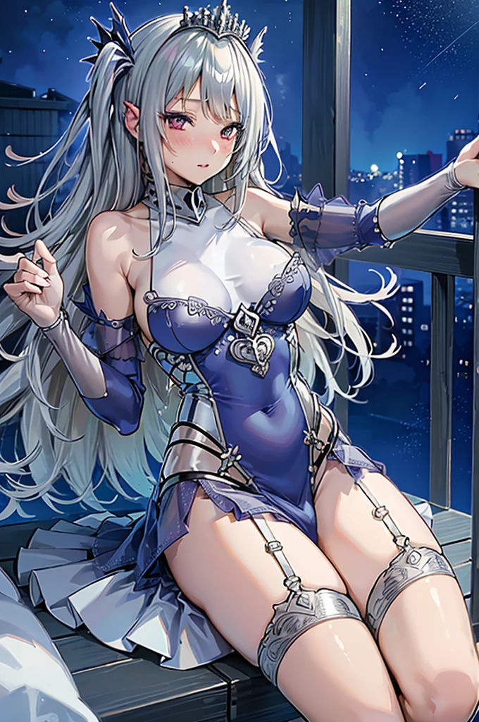 top-quality、Top image quality、tmasterpiece、girl ((、medium chest circumference、obsessed、tempting pose、Breasts wide open,sliver long hair、micro-curly hair、charming body、Grand canyon、Transparent silver dress，Modern sexy clothing、Dragon Queen、Dragon scale skin)）high high quality、beautiful art、Background with((luxury hotel、Starry city night view outside the window)))、visual art、depth of fields、Diamonds adorn clothes、Full body lesbian、Emphasize the posture of the hips、Lace、Transparent skirt、Lie down in bed、Hide breasts
