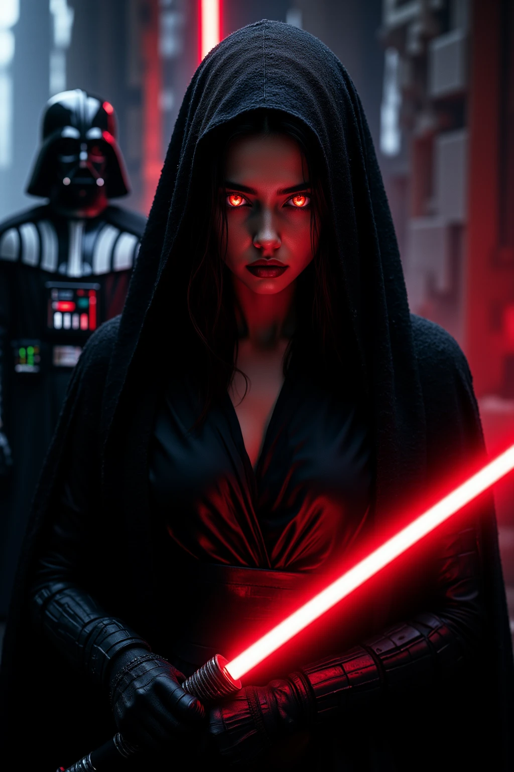 Female sith, buzzcut, black robe, standing, frontal, facial scars, red eyes, black hood