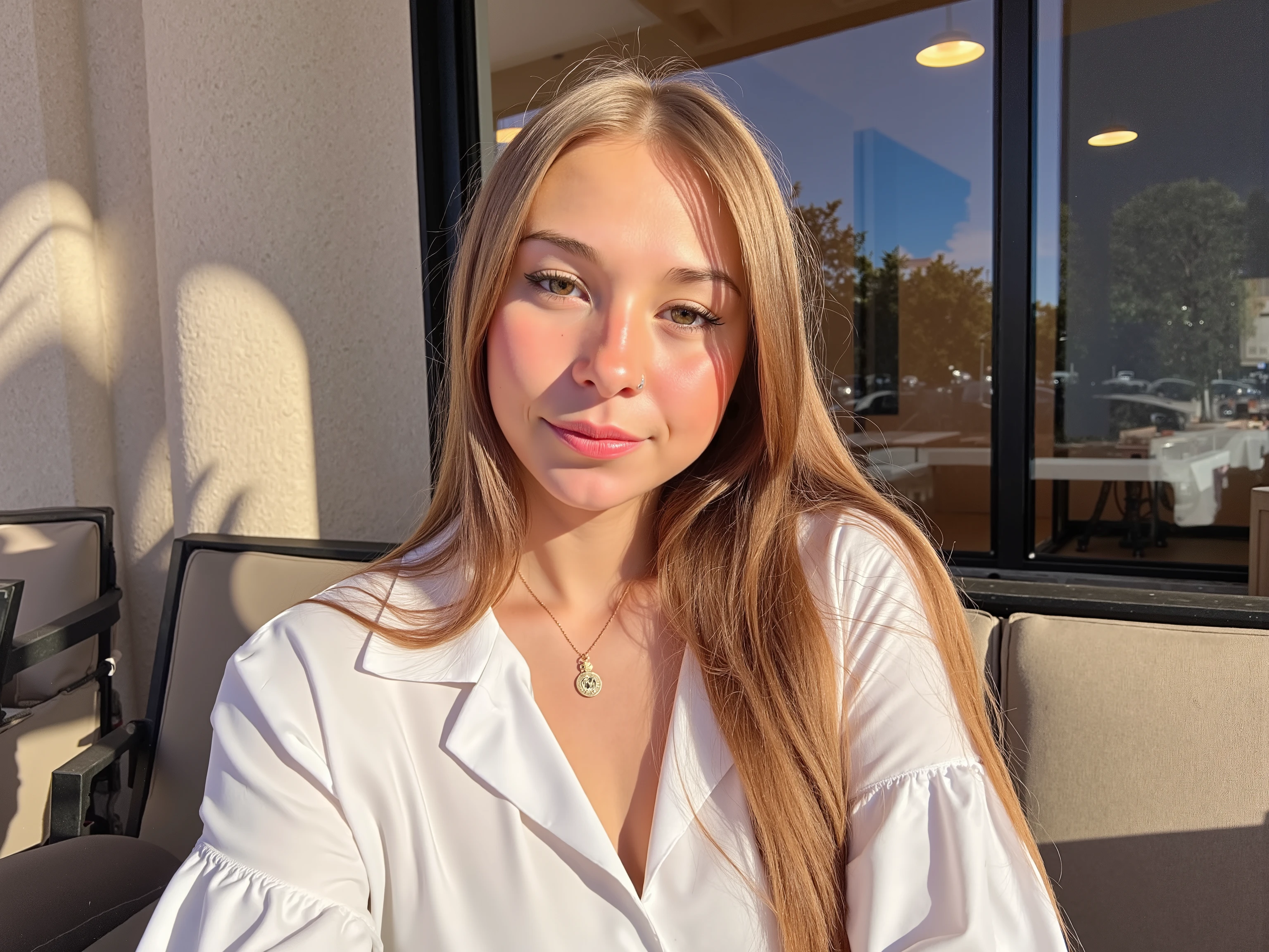 Sophie Rain, oculos , 1 girl, Selfie, makeup, eyeliner, small nose, batom rosa claro, ombros, thin , slanted eyes, big eyes, blonde hair , loiro claro, blue eyes, pale skin , youthful appearance , corpo total, vestido curto white, details eyes , Iris , smiling, smile, youthful appearance , sitting , vintage aesthetic , cute face ,, cabelo pelos shoulders, shoulders, volumoSo hair, luz media , ambient light, sunset , Sun reflection through the window, in the Environment, focused environment, Environment:cafeteria, Be, objects, olhos Berados