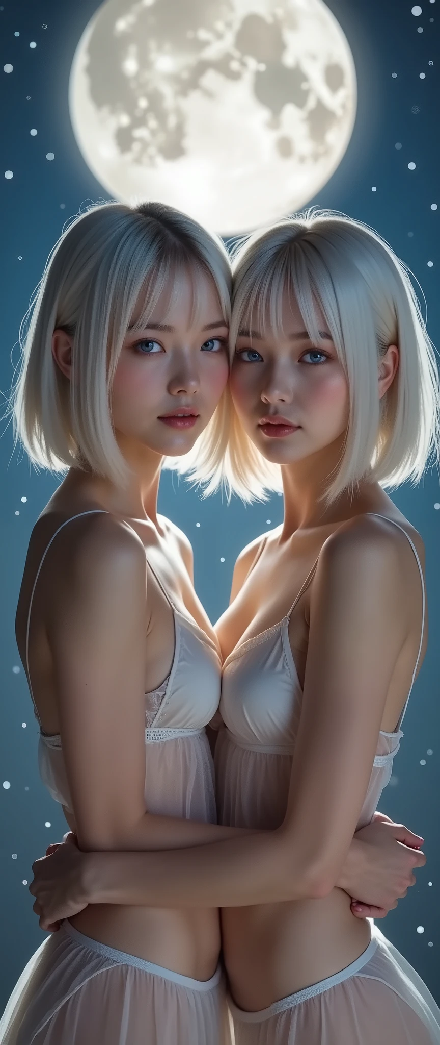 traptrixmantis,crop tank top, mini thong,((platinum white hair 2girls:1.2)), ((2girls kissing touching and hugging each other:1.2)),full body, accentuated super huge enormously gigantic breasts cleavage and underboob, biy , sitting, bedroom background,masterpiece,solo,beautiful detailed eyes,finely detail,detailed face,vivid color,5 fingers,finely detailed,hyper detailed,detailed hand,8k,finely detailed beautiful eyes,high resolution illustration,best quality,