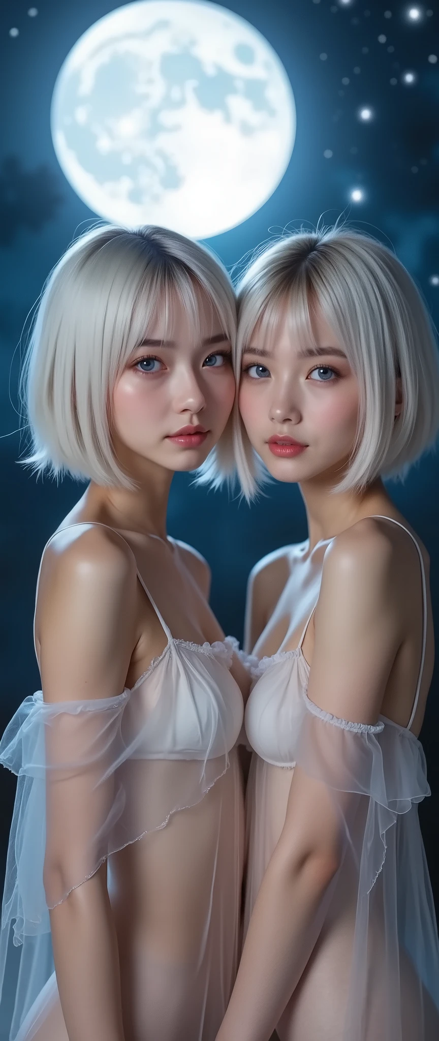 (Best quality,4K,8K,A high resolution,Masterpiece:1.2),Ultra-detailed,twins,White hair,Stockings,Stylish outfits,Rainy,Futuristic city,
