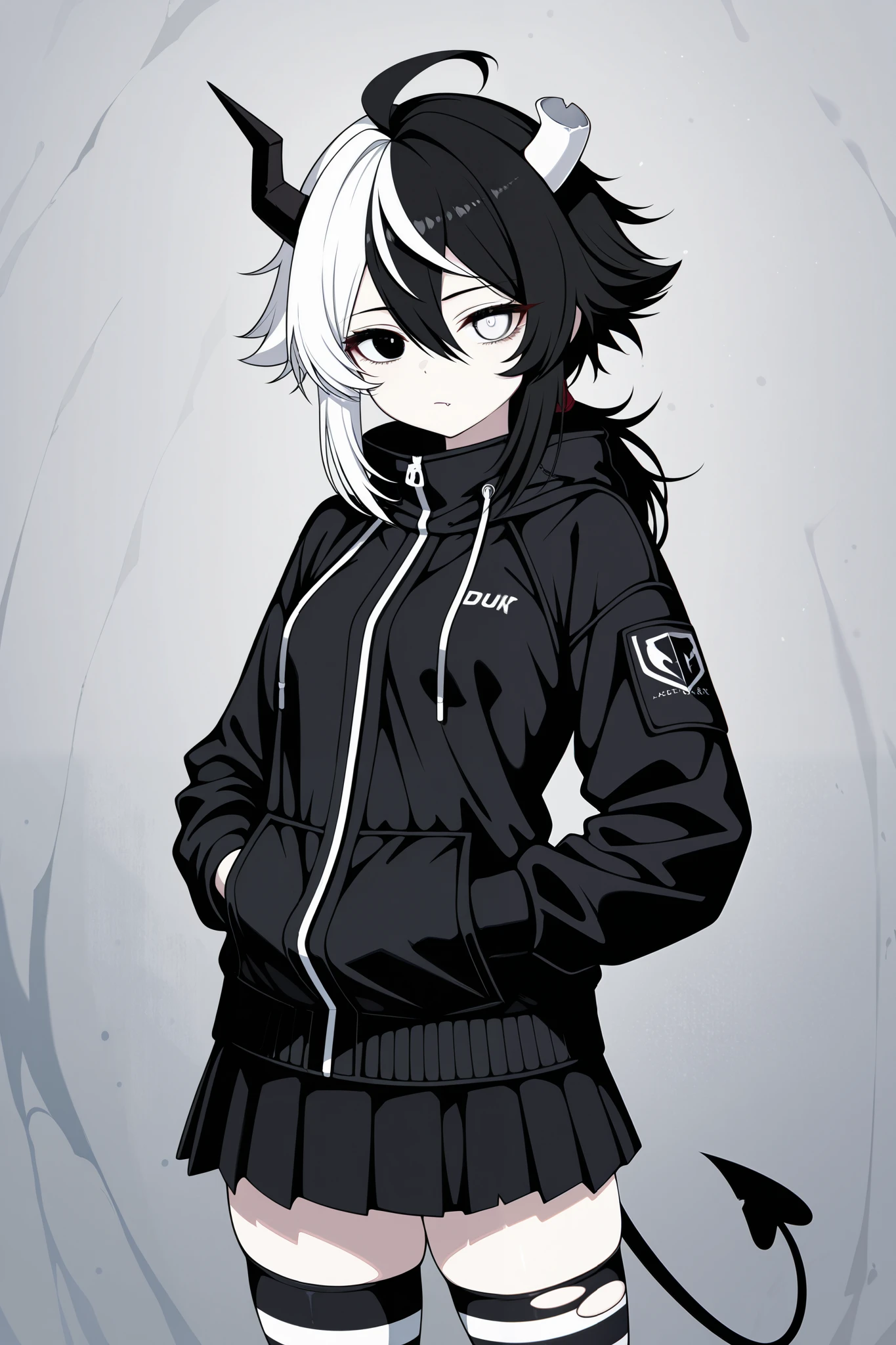 DSP, artist:DSP, okegom art style, masterpiece, best quality, amazing quality, highres, absurdres, newest, very aesthetic, hyper-detailed, portrait, 1girl, solo, short height girl, split black and white hair colors, two-tone hair, shoulder-length hair, spiked shaggy hair, hair between eyes, long low ponytail, complete heterochromia, different eye colors, (black eye with white pupil), (white eye with black pupil), fang, pale skin, small breasts, dark grey demon horns, one broken horn, dark grey demon tail, black turtle neck jacket, short pleated black skirt, (ripped thigh highs:1.1), black and white striped thigh highs, hands in jacket pockets, bored expression, half-closed eyes, closed mouth, looking at viewer, close-up, upper body, black chalk background, front-side angle