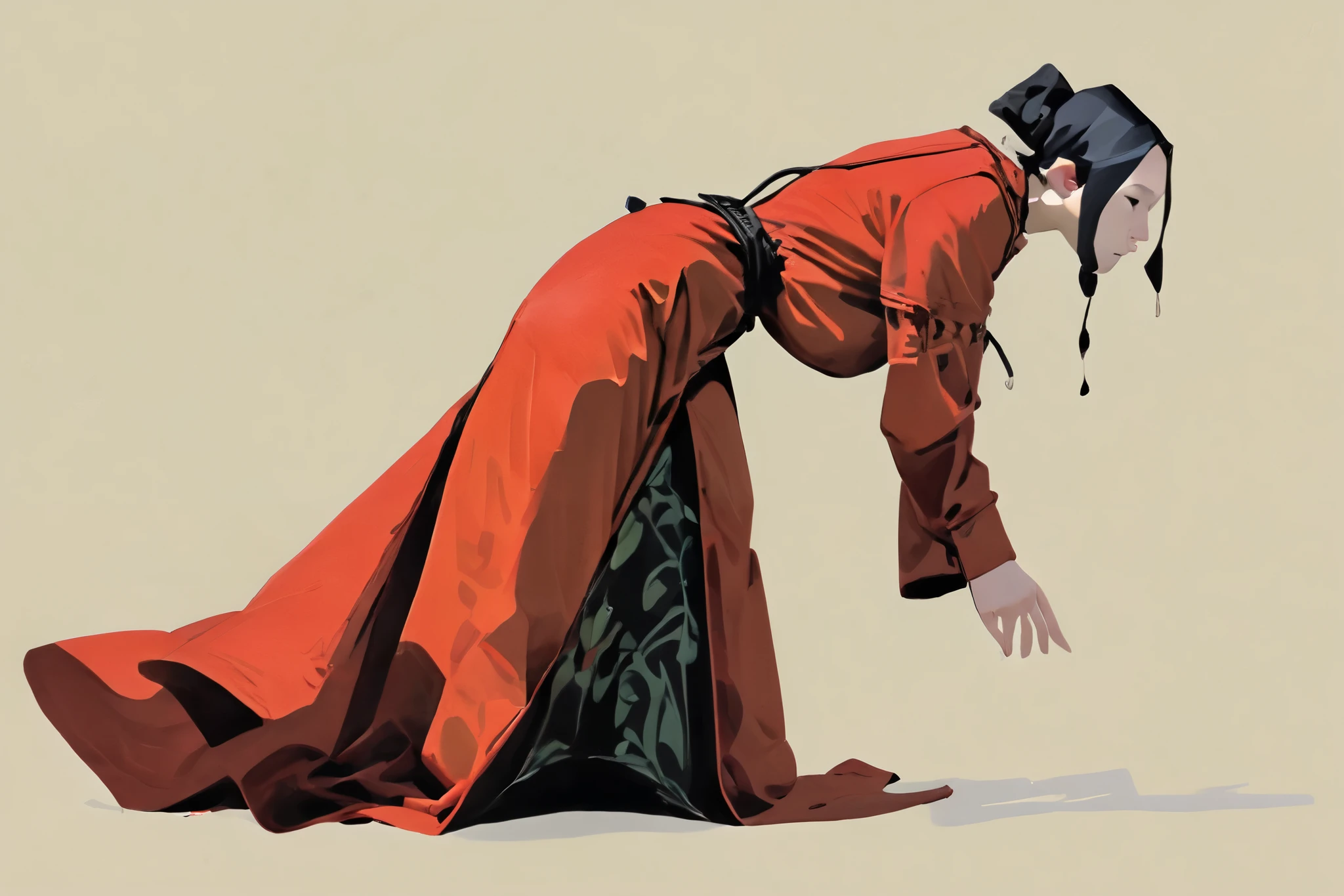 2D ART, Nobody, gouache painting, illustration, gougoupaintleaves style, 1 long medieval dress, peasant dress, long sleeves, red dress, pov from three angles, frontal full body shot, side full body shot, and back full body shot, on simple white background, full body shot, very detailed, novuschroma02 style, stylized illustration conceptual art,