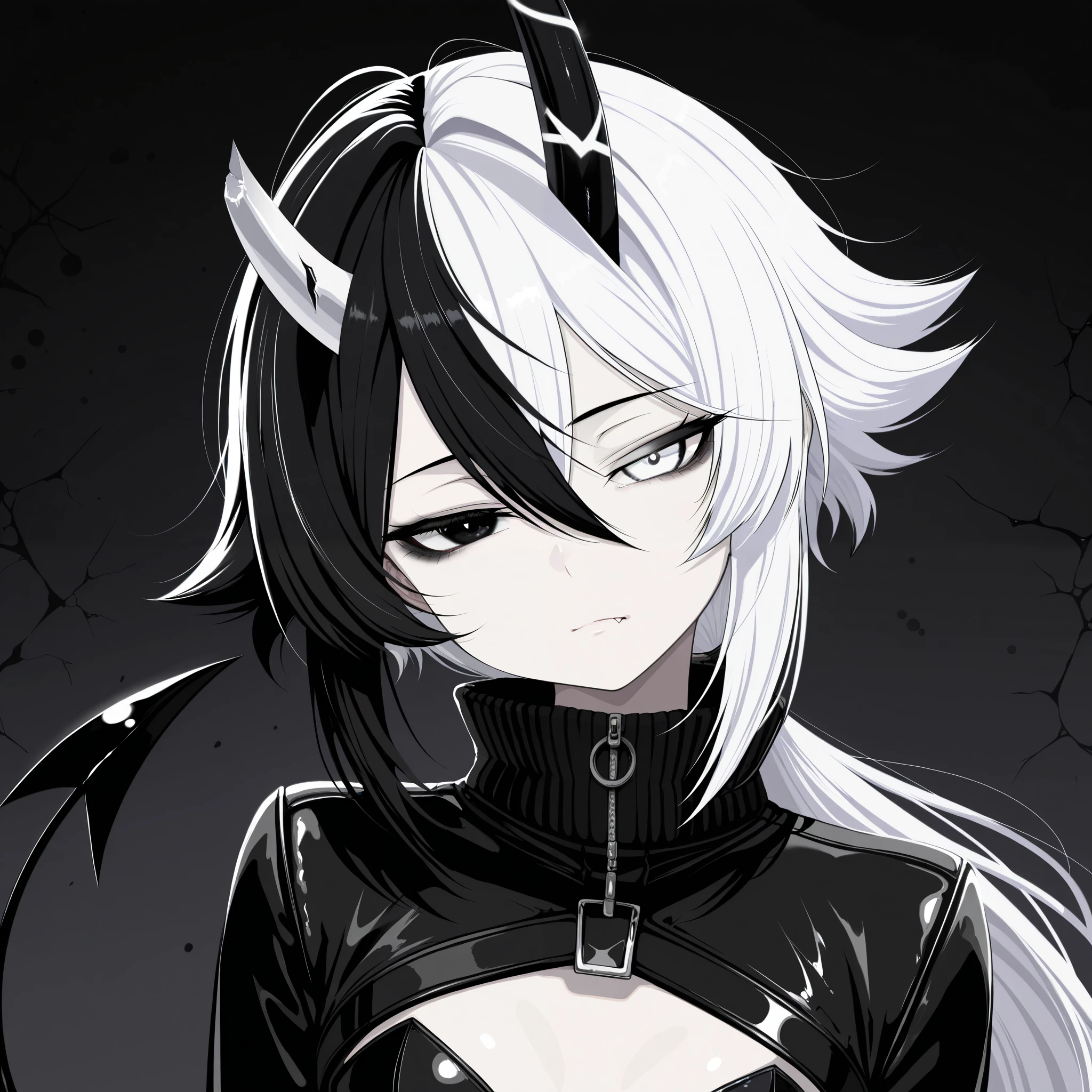 DSP, artist:DSP, okegom art style, masterpiece, best quality, amazing quality, highres, absurdres, newest, very aesthetic, hyper-detailed, portrait, 1girl, solo, short height girl, split black and white hair colors, two-tone hair, shoulder-length hair, spiked shaggy hair, hair between eyes, long low ponytail, complete heterochromia, different eye colors, (black eye with white pupil:1.2), (white eye with black pupil:1.2), fang, pale skin, small breasts, dark grey demon horns, one broken horn, dark grey demon tail, black turtle neck jacket, head tilt, bored expression, half-closed eyes, closed mouth, face close-up, black chalk background, facing viewer