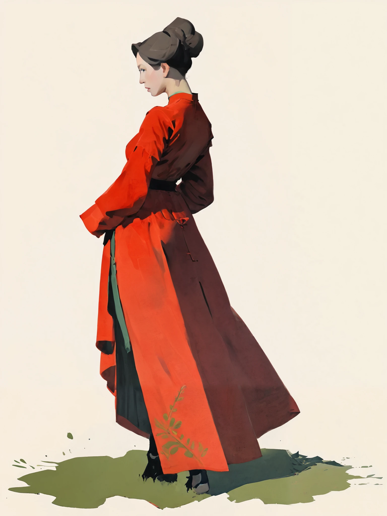 2D ART, Nobody, gouache painting, illustration, gougoupaintleaves style, 1 long medieval dress, peasant dress, long sleeves, red dress, pov from three angles, frontal full body shot, side full body shot, and back full body shot, on simple white background, full body shot, very detailed, novuschroma02 style, stylized illustration conceptual art,