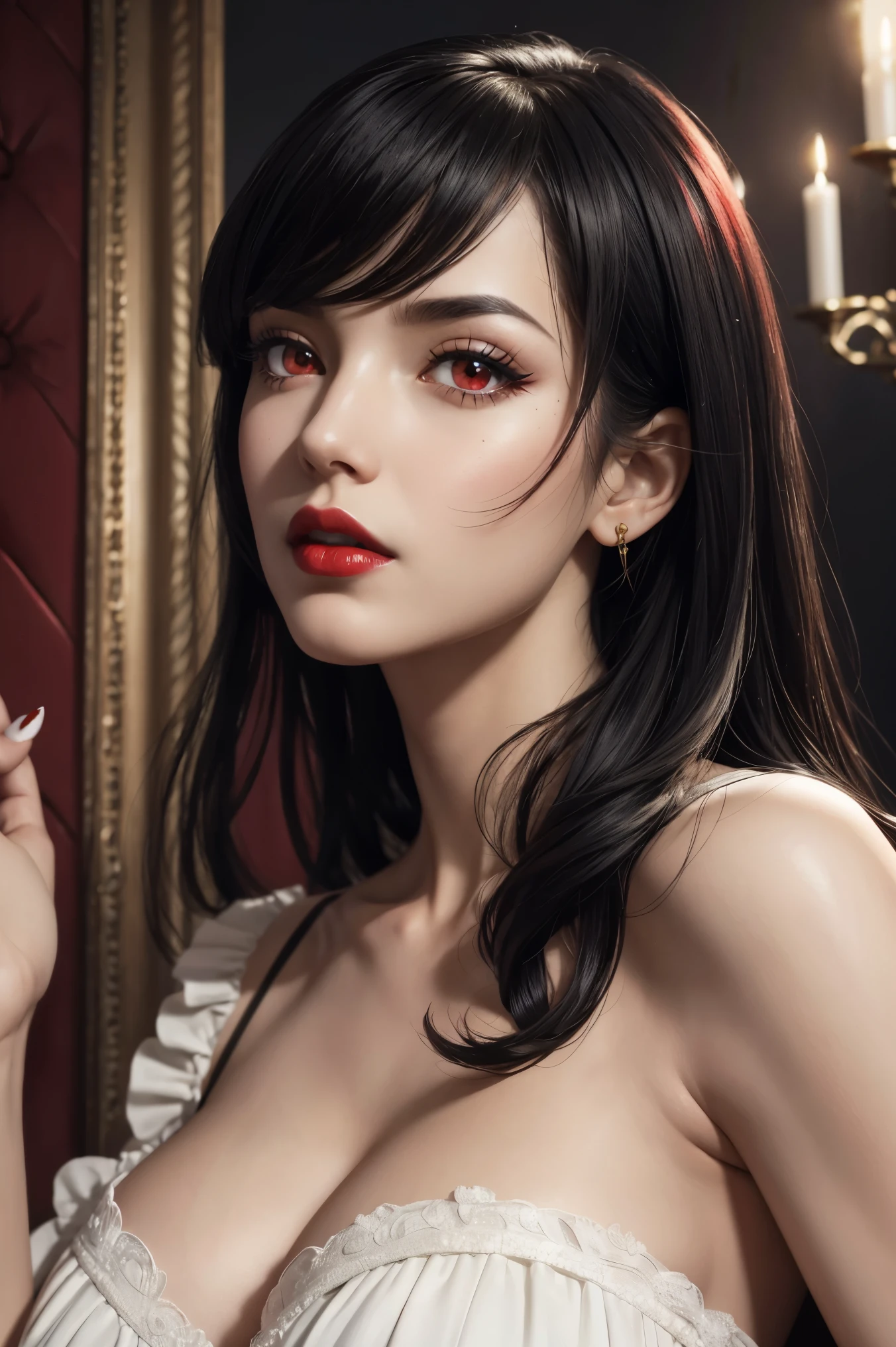beautiful black hair ,shortcuts,Aligned bangs,Bright red lips,Red Eyes, white skin, gothic dress, Super High Definition,super high quality,masterpiece,DSLR,photorealistic, Detailed Details,Vivid details, Detailed , detailed face, Detailed Details,Super Details,realistic skin texture, colorful candy room ,perfect anatomy,anatomically correct hand, Anatomically Correct Fingers , ultra-high resolution energy A ,Sexy Poses,Bird's-eye view,Camera work seen from above,red sequin dress studded with gold,Red rose hat ,GIFT BODY , red fur coat, Valentine's Day gift Decorate the box {x} in a nice photo frame,Bright red nails , Mysterious Snowy Scenery ,It's snowing, BEAUTIFUL ILLUMINATIONS ,Picturesque, the whole body,9 heads, pink lips, beautiful curly hair ,gorgeous necklace, highlight a beautiful whole body ,Beautiful nails,Black bondage,high leg thong,