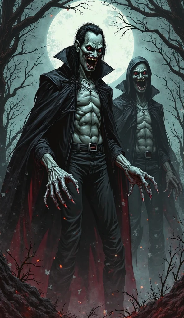 <lora:Marc Silvestri Style:1>Marc Silvestri Style - The vampire, swift and precise, lunges out from the shroud of darkness, his beastly eyes glowing with triumphant menace. His target remains oblivious, their face growing pale as they feel his chilling breath on their neck. In the style of david finch, atmospheric color washes, impressive skies, tim hildebrandt, dark bronze and green, joe madureira, graphic illustrations