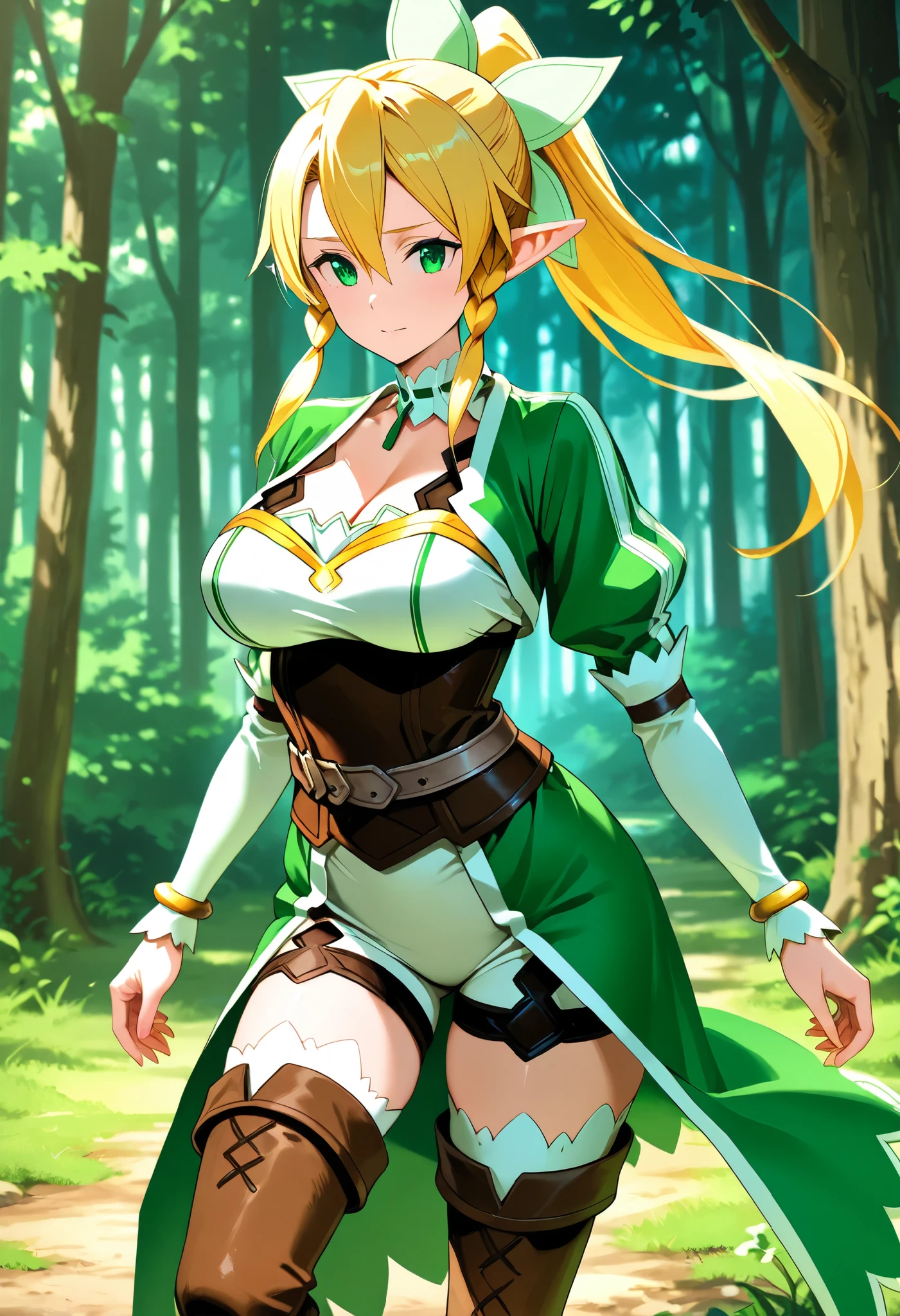 leafa,blonde hair,green eyes,elf, in a forest, medieval advanturer, green shirt, brown boots, brown thigh boots, fantasy huntress outfit, elegant, confident, perfect eyes