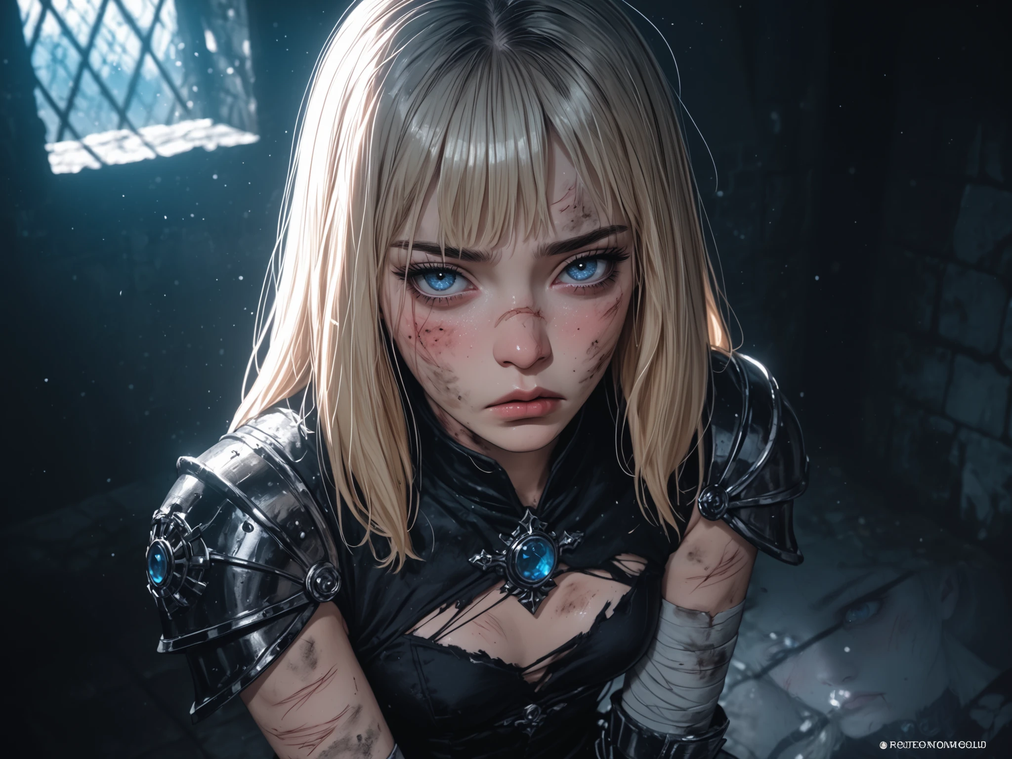 cold nose, prisoner, dirty, torn, torn astsuit, torn black armor, long light-colored blonde hair, (blue eyes), (sadness, fear, pouting expression, sad eyes), (Black circular medallion with a blue jewel from the Velaria house), sitting, (dark dungeon background:1.6), (dark lighting), (Scar on the chin), dark night, blush on cheeks and nose, toned abdomen, small breast, (petite body), masterpiece, best quality, (film Style:1.4), (Cinematic:1.4), (Wounded arm), dynamic angle view.