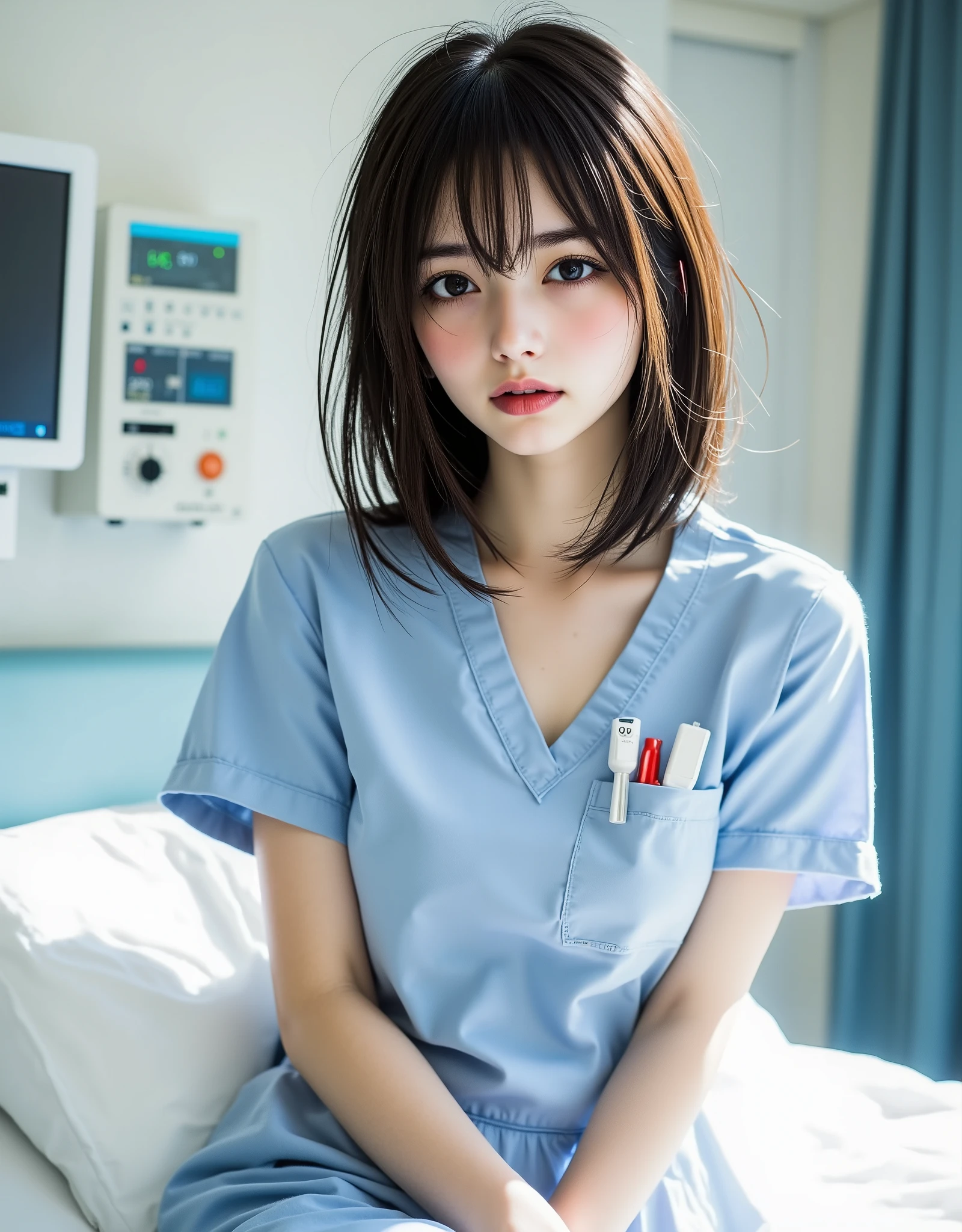 ((perfect anatomy)), (Canon), (EOS R5), (50mm), (((photorealistic:1.5))), ( No Lens Flare :1.5), ((超high definition)), (masterpiece), accurate,(realisticな質感の肌), Super Detail, high detail, high quality , Award-winning work , 最high quality, 32K, bitches line up in front of the motel, digital camera, Award-winning Glamour Photos , professional lighting,(SFW), ((最high quality:1.5)), ((masterpiece:1.5)), ((realistic)), ( super precise), Absolute Determination,((Correct limbs:1.8)), Good move,(perfect finger), high definition,realisticな影, Roughness, Real Life,((A very beautiful and cute Japanese woman:1.5)), ((The cuteness of a top Japanese idol)), ((Upper body shot seen obliquely from the front :1.5)), ( upper body shot seen from the side :1.2), (( upper body shot from head to knee :1.8)), ((A cute 23-year-old Japanese nurse)), over the age of 25, ((A very cute female nurse)), A beautiful and luxurious private hospital room, Hospital room, Height: 160cm, slim figure, (Straight medium black hair), beautiful shaped big bust , F Cup, cleavage of bust visible, ((A very cute smile with some teeth showing:1.5)), ( alone:1.5), (Only one person in the bedroom), ( show your hands as little as possible ), (brown eyes:1.9), ( Detailed depiction of extremely realistic skin ), (Highly detailed, realistic eyes:1.9), ( extremely beautiful long realistic eyelashes ), (Highly detailed, realistic eyebrows), (丸いbrown eyes :1.8), ( beautiful catchlight on the eyes), (Realistic lips with moisture ), (Neatly aligned white realistic teeth), ( Beautiful and Detailed Face :1.6), ( hourglass shape:1.6), (Wasp waist :1.5), (Perfectly round and beautifully shaped breasts:1.8), ( clearly contoured cheekbones :1.5), ( textured skin by Mr. Nomi :1.8), (Healthy body :1.8), (Narrow shoulders:1.9), (is staring at the viewer), (enchanting gaze), (Beautiful, natural-looking hands), (Beautiful natural colored nails of beautiful length), ((Light blue nurse costume)), (short sleeves to expose the penis), (One black ballpoint pen and one red ballpoint pen in her pocket:1.5), (((Her black tube stethoscope hanging from her neck:1.8))), (digital thermometer in the pocket), (Medical Gloves:1.5), ((the front of the nurse's uniform opens to see cleavage and the white lace bra:1.8)), ( down blouse that shifts the chest:1.2), (wearing a stylish white lace bikini-type bra), (Smiling with her hands on the bed), ((Standing leaning forward by the bed:1.8)), ( half up black hair:1.2), (Bright face), (charming smile), (Open your mouth a little:1.2), (Bedside in a private room in the hospital:1.3), (ECMO, monitor, electro-cardiogram, バイタルサインmonitor, Sphygmomanometer:1.5), (Medical equipment lined up, Mr.々 medical equipment ), light on face ,Dreamy and shy expression, Attractive cuteness , seductive poses, stylish style, Glow effect, Bright dynamic lighting that makes her skin look beautiful, accurate手の形, accurate指の形, accurate指の数,5 fingers on one hand , ( color temperature 5500K )