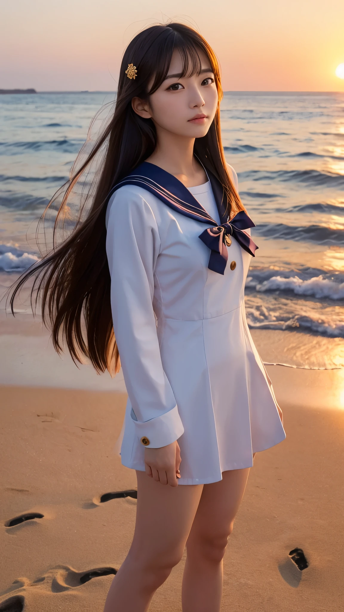 Arafed asian woman in sailor outfit standing on beach at sunset - SeaArt AI