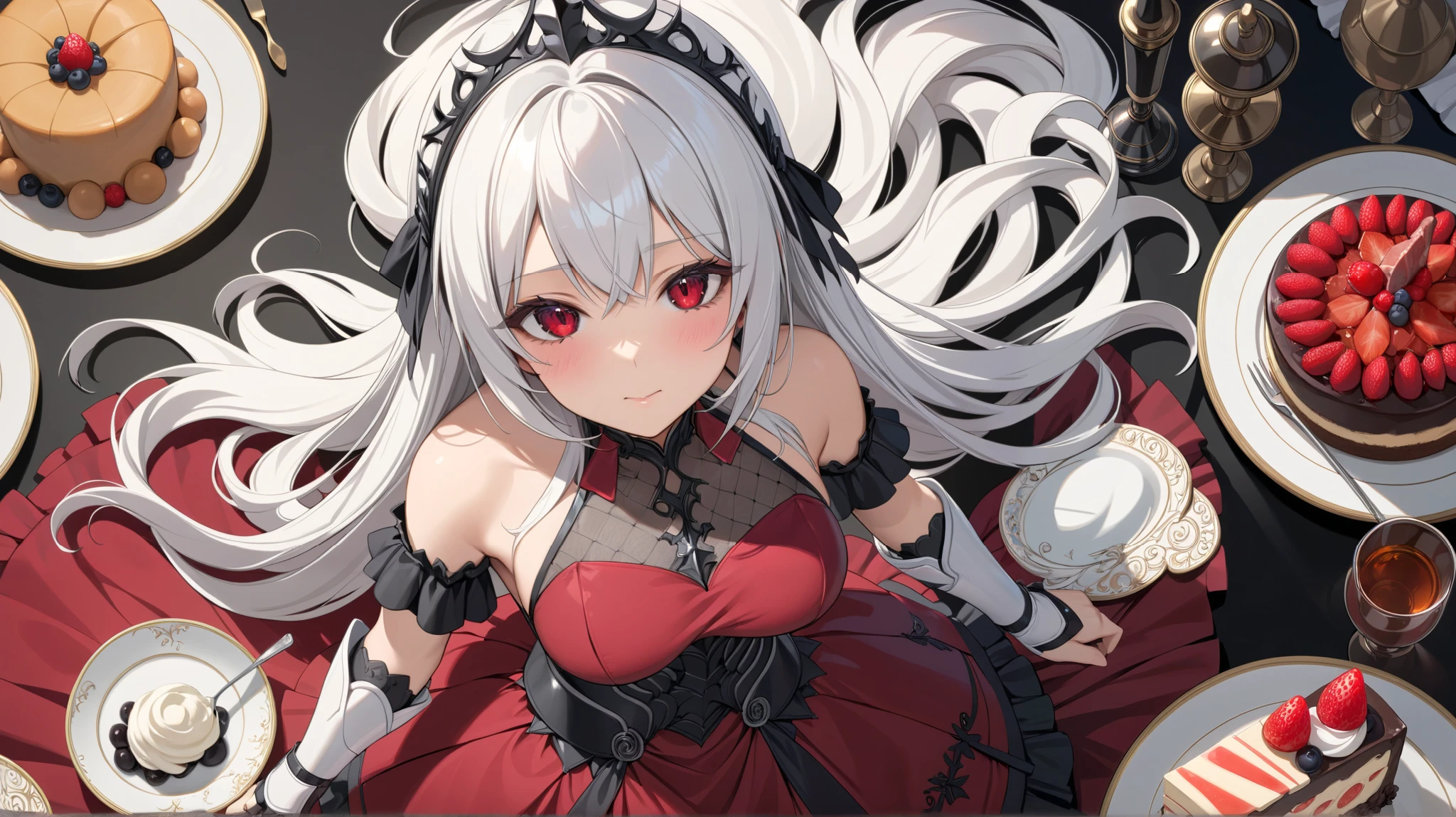 (TOP QUALITY, masterpiece, super precise, high definition), 8k, Anatomically Accurate Body , anime girl wearing nice armor has long white hair、 wearing a nice dress, Change in dress, Nightcore, red dress, Gothic Maiden anime girl , White-haired goddess, beautiful charming anime woman, simple background, face the front, from above, beautiful face, perfect face, 非常に詳細な beautiful faceと目, attractive face , detailed faces, Delicate Facial Features, Having a meal, a fancy meal, meat, A large amount of cake