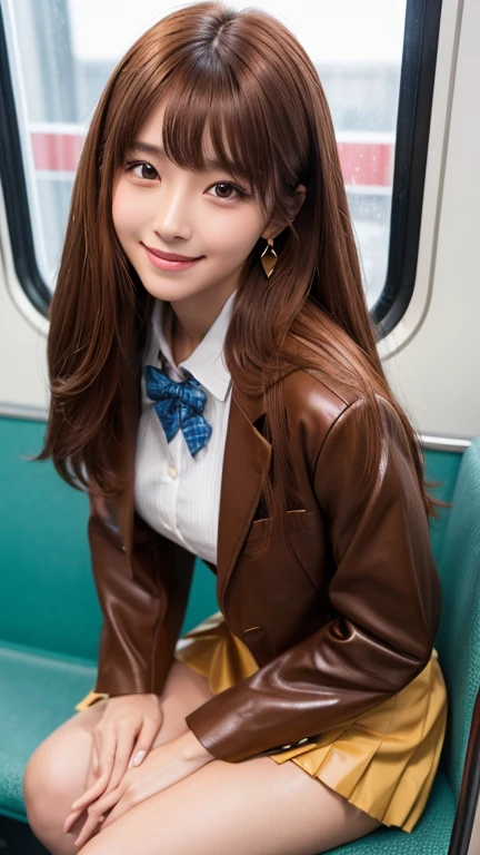 1 girl, extremely bright backlight, Solo, {Beautiful and detailed eyes}, autumn night, Large breasts, Dazzling moonlight, Calm expression, Natural and soft light, Hair blown in the breeze, Delicate facial features, Blunt bangs, Beautiful Korean Girl, Smile in the eyes, very small earrings, 18year old, ((model poses)), Glamour body type,(Colorful hair, half red hair、half brown hair:1.2), fine grain, Real Hand, masutepiece, Best Quality, Photorealistic, Ultra-detailed, Finely detailed, High resolution,Brown messy hair, Perfect dynamic composition, Beautiful detailed eyes, Asian Girl,((nervous and embarrassed)),foco nítido, beauty mix, Movie Girl,(Smile:1.3),(Wearing a brown school blazer uniform,Brown pleated skirt:1.3),(Longhair:1.3),(Sitting in a train seat.:1.3),(Closed eyes:1.3),(tilting your head:1.1),(with spreading legs:1.4),(Hands behind your back:1.3),(I can see panties:1.4),fullllbody