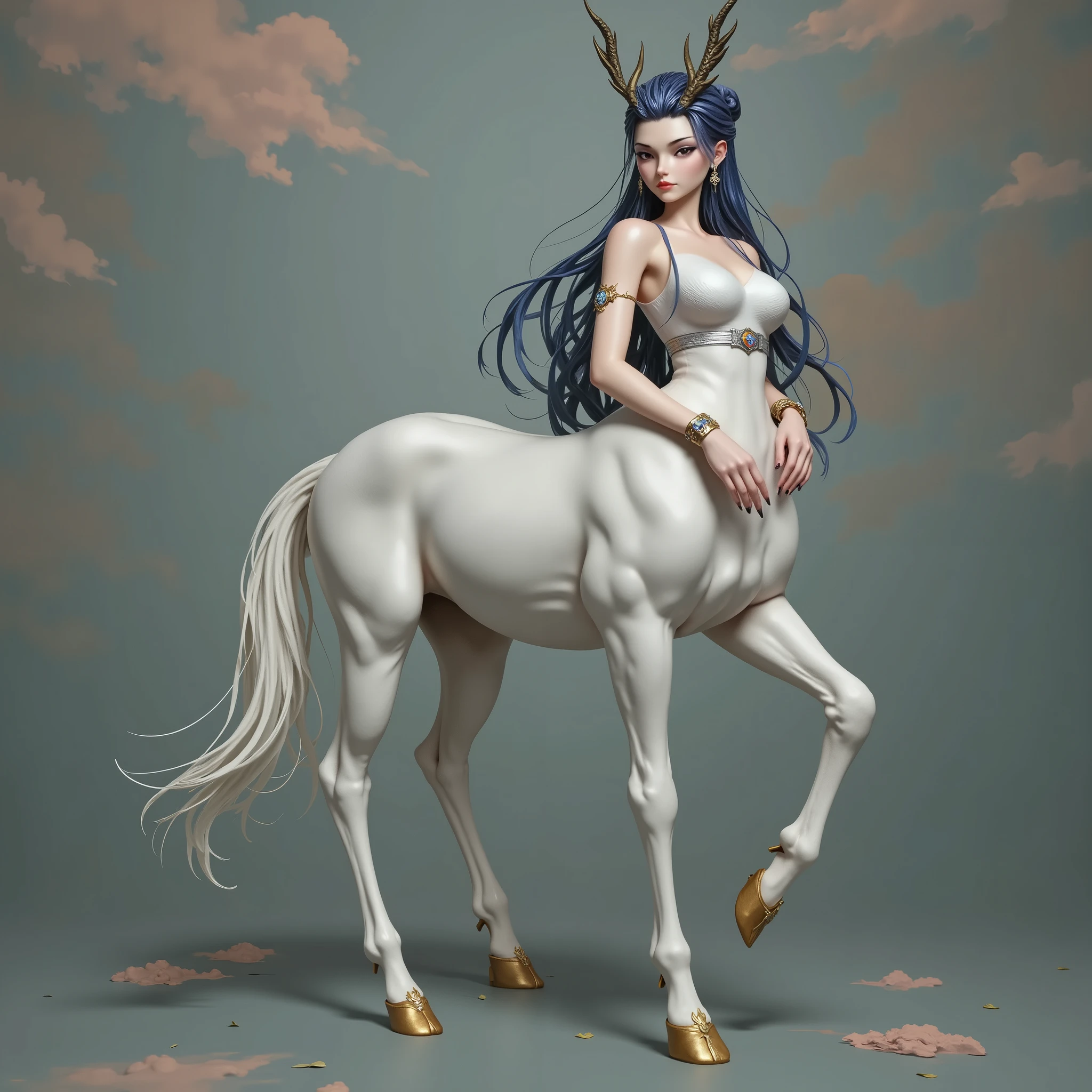  masterpiece,( Highest quality:1.3),Centaur Girl,  Lola:Centaur GirlV1.0:0.6,(Icefield:1.3),( the head is attached to the body 1  ：9：1.3)  8 heads connected to the body  ，  Ancient Chinese Armor  ， long ponytail，Dragon Girl，（ blue hair）（Blue clothes 1 .5）Very long ponytail ，Flowing ponytail（cos Jiro God ）  Correct human anatomy  ， blue hair（  beautiful fairy  ，Elbow pads，Watches，golden boots，）Full body blue costume，  Ancient Chinese Armor  ，Elegant ，Image Background: Ancient Chinese Heavenly Palace ，Mythological background， The lucky star is surrounded by colored clouds ， smooth skin  ， ， Perfect facial features ， full ，(  silver belt bracelet necklace  : 1.4)，(  silver crystal heels  : 1.6)， fair, translucent skin ， pale ，peach skin ， White porcelain-like skin ，