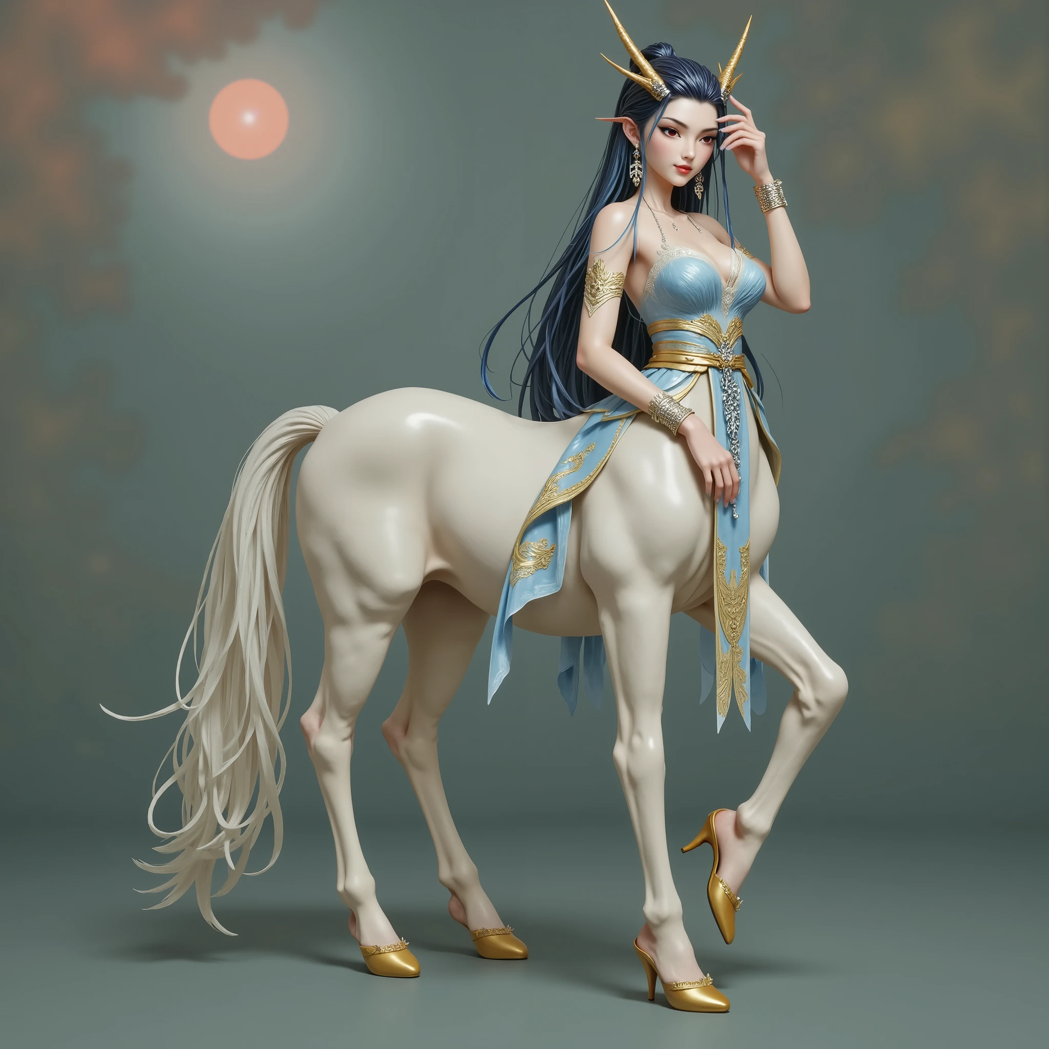 masterpiece,( Highest quality:1.3),Centaur Girl, Lola:Centaur GirlV1.0:0.6,(Icefield:1.3),( the head is attached to the body 1 :9:1.3) 8 heads connected to the body , Ancient Chinese Armor , long ponytail,Dragon Girl,( blue hair)(Blue clothes 1 .5)Very long ponytail ,Flowing ponytail(cos Jiro God ) Correct human anatomy , blue hair( beautiful fairy ,Elbow pads,Watches,golden boots,)Full body blue costume, Ancient Chinese Armor ,Elegant ,Image Background: Ancient Chinese Heavenly Palace ,Mythological background, Lucky Star is surrounded by colored clouds , smooth skin , , Perfect facial features , full ,( silver belt bracelet necklace : 1.4),( silver crystal heels : 1.6), fair, translucent skin , pale ,peach skin , White porcelain-like skin ,