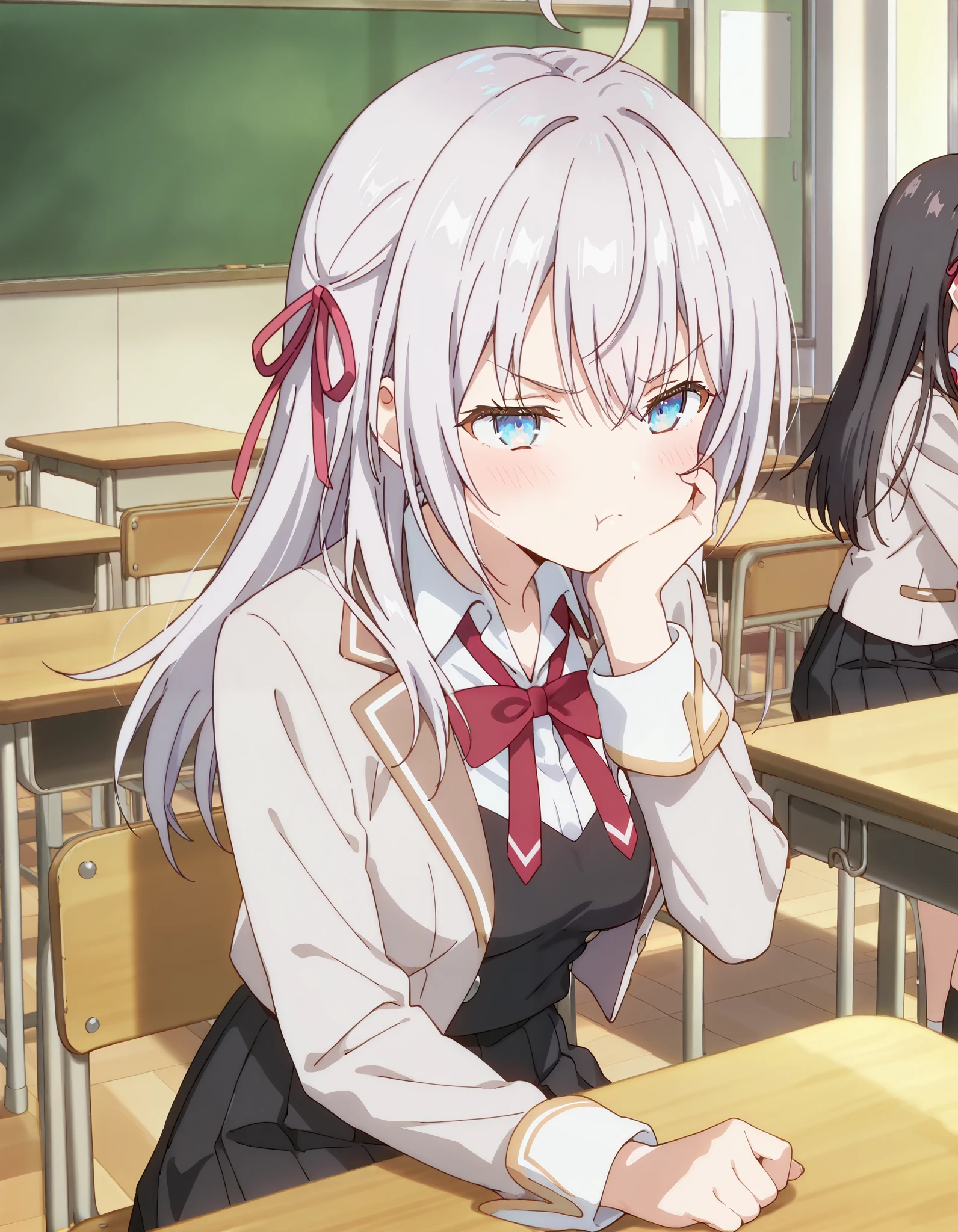 masterpiece, best quality, highly detailed, ultra high res, 1girl, alisa mikhailovna kujou, long hair, bangs, blue eyes, opened eyes, hair ribbon, ahoge, grey hair, red ribbon, medium breasts, skirt, shirt, long sleeves, bow, school uniform, opened jacket, white shirt, pleated skirt, collared shirt, bowtie, black skirt, red bow, red bowtie, blazer, grey blazer, long sleeves, angry, pout, blush, closed mouth, hand on cheeks, Sitting, Sitting on chair, school table, indoor, classroom