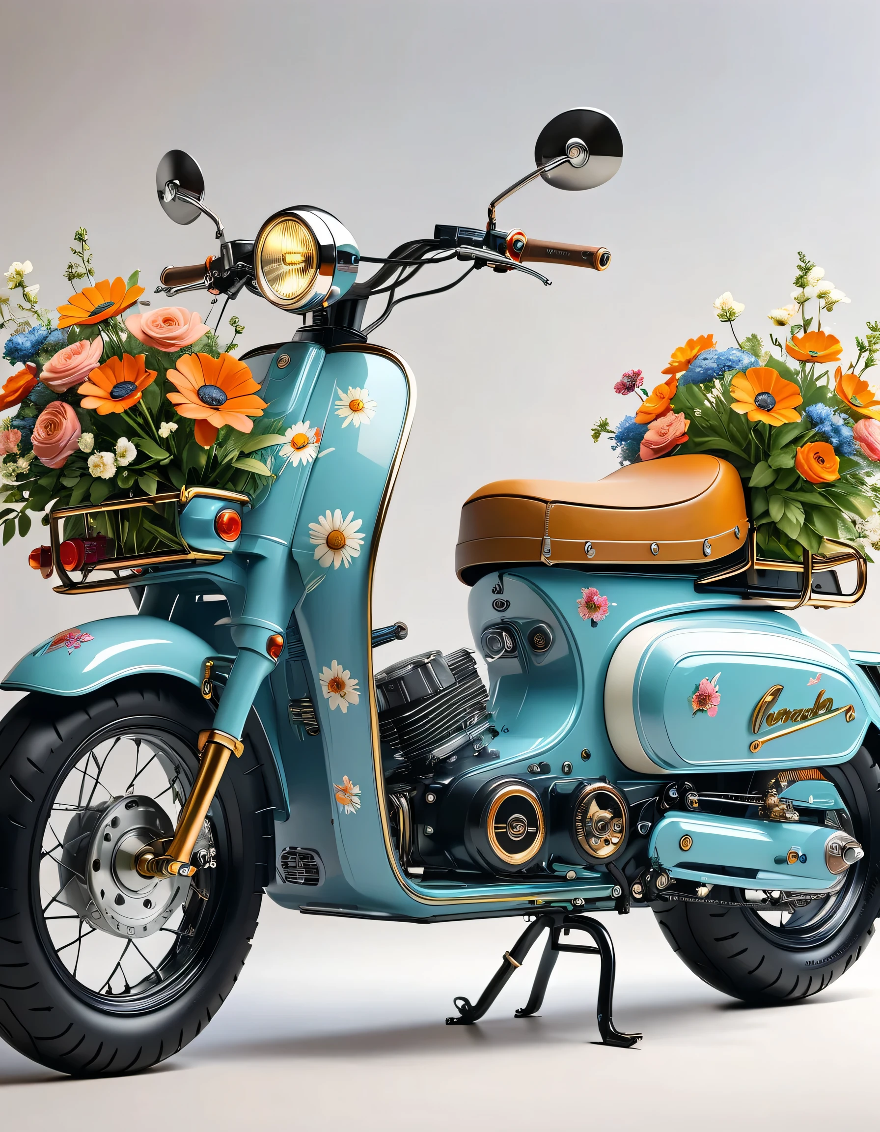 A retro electric motorcycle loaded with flowers, High-quality artworks created by master artists, best quality, Detailed Details
