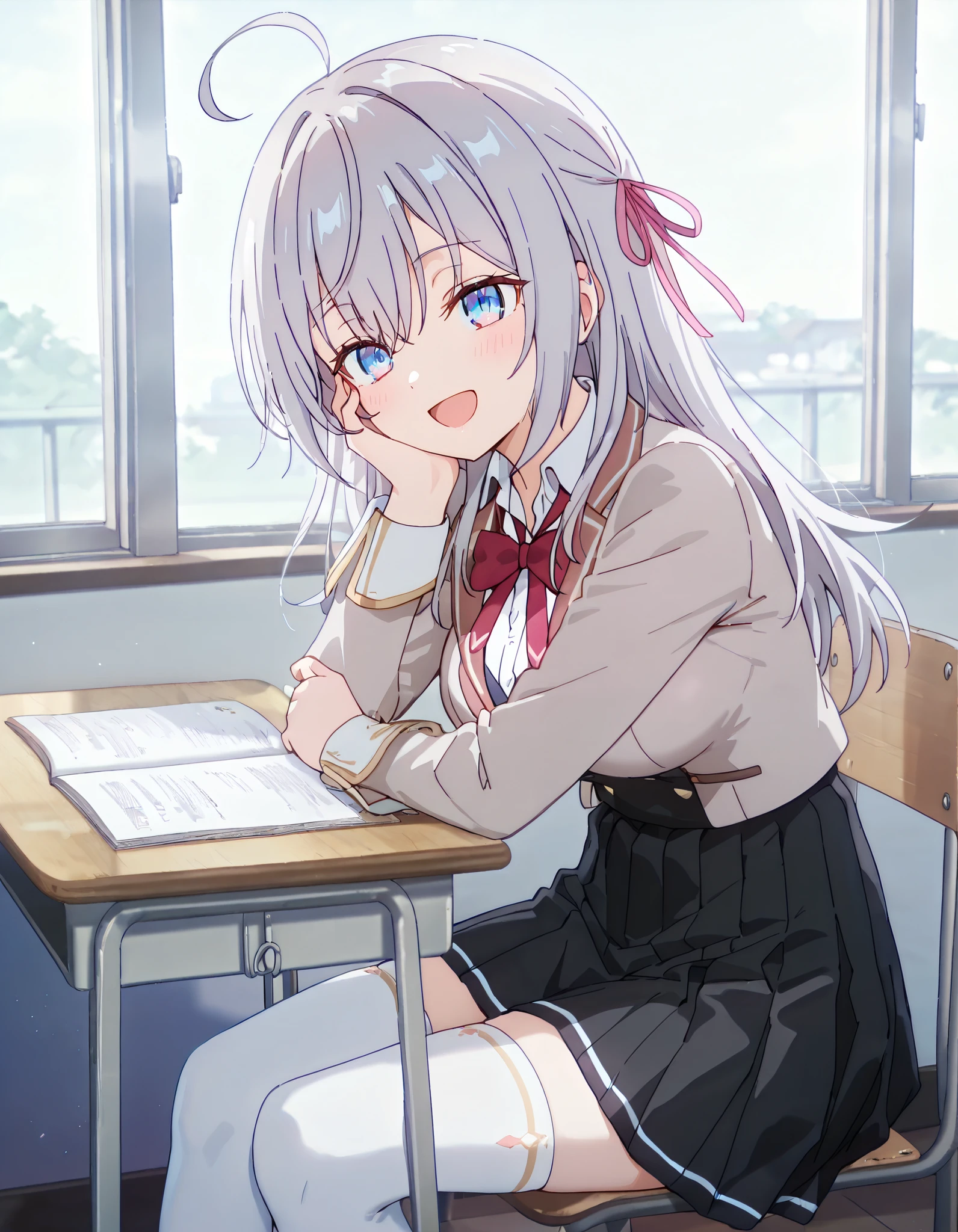 masterpiece, best quality, highly detailed, ultra high res, 1girl, alisa mikhailovna kujou, long hair, bangs, blue eyes, hair ribbon, ahoge, grey hair, red ribbon, large breasts, skirt, shirt, long sleeves, bow, school uniform, jacket, white shirt, pleated skirt, collared shirt, bowtie, black skirt, red bow, red bowtie, blazer, grey blazer, long sleeves, white thighhighs, hair ribbon, pink ribbon, smile, happy, opened mouth, hand on cheeks, Sitting, Sitting on chair, school table, indoor, classroom