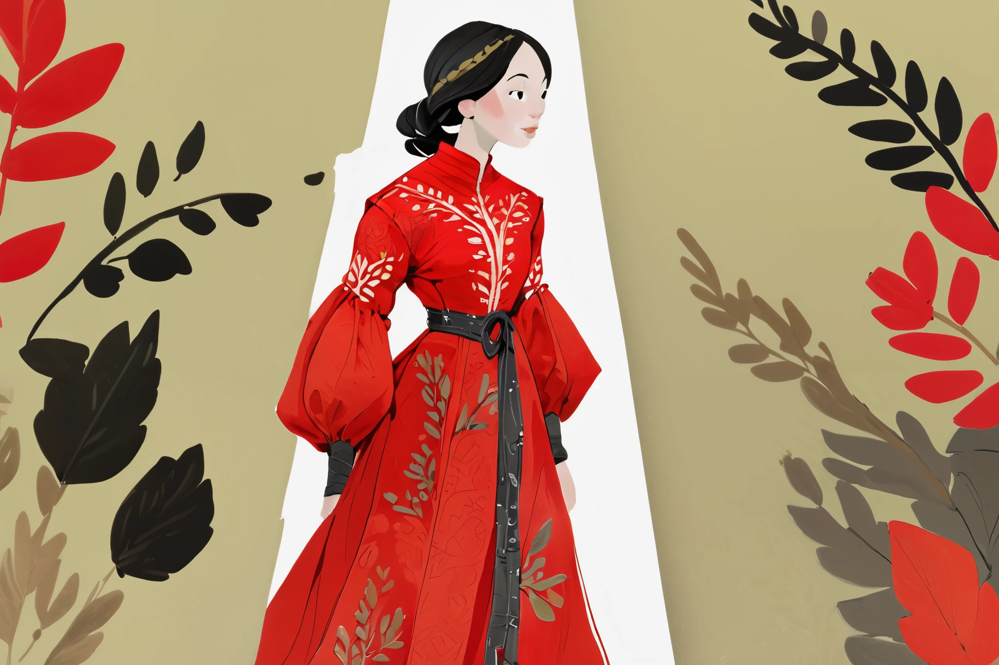 2D ART, gouache painting of 1girl in red medieval peasant dress, western clothes, illustration, gougoupaintleaves style, long medieval dress, peasant dress, long sleeves, pov from three angles, frontal full body shot, side full body shot, and back full body shot, on simple white background, very detailed, novuschroma02 style, stylized illustration conceptual art,