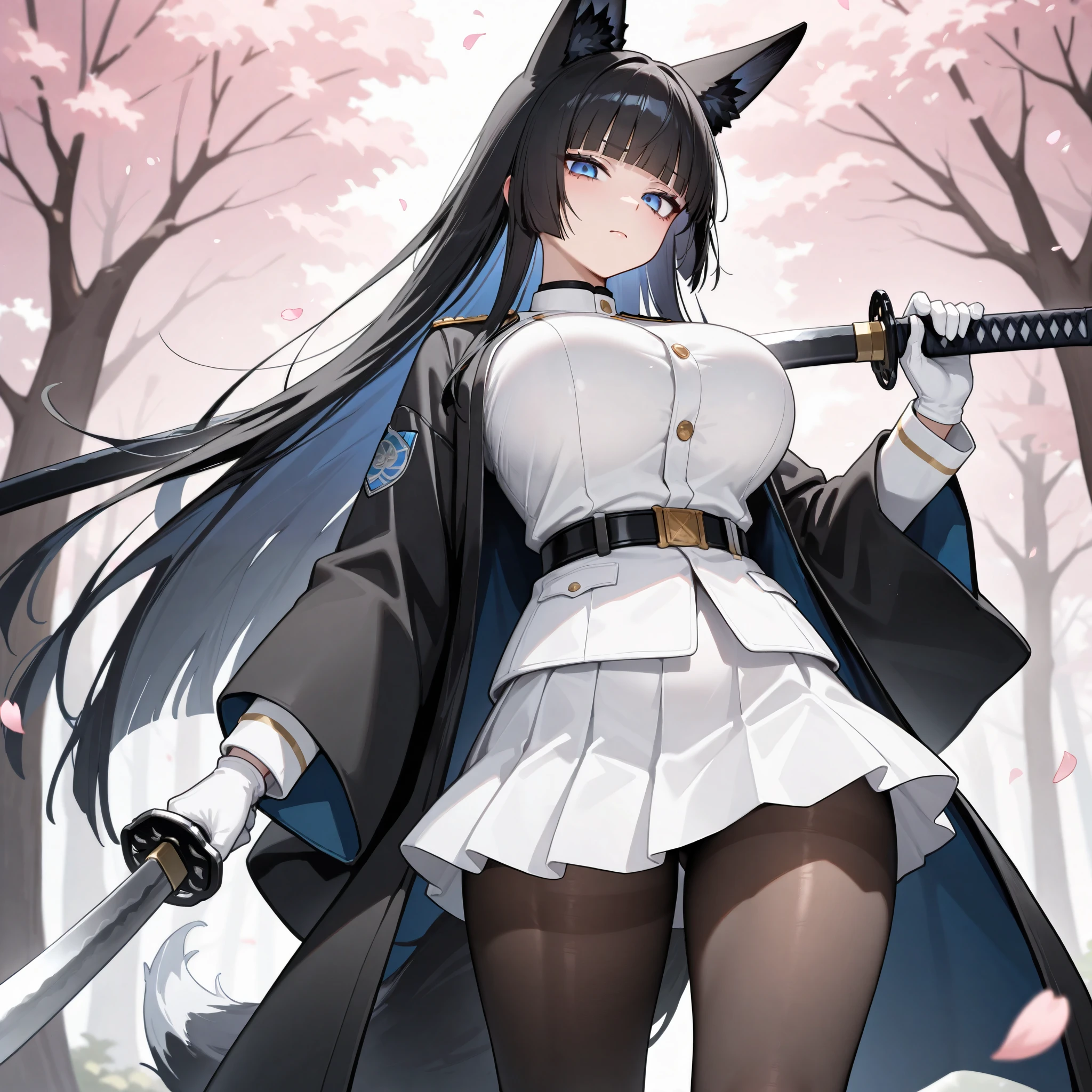 absurdres, (((HD))), (((Ultra High Quality))), ((hyper detailed)), ((Ultra High Resolution)), (Highly rendered), ((detailed eyes)), (((8K))), ((perfect face)), ((masterpiece)), one girl, Kitsune, fox ears, fox tail, black hair, long hair, stern face, straight hair, blunt bangs, blue eyes, black haori, white military officer uniform, gloves, large breasts, long white skirt, black pantyhose, katana, holding katana, Japanese forest background, cherry trees, cherry blossom petals