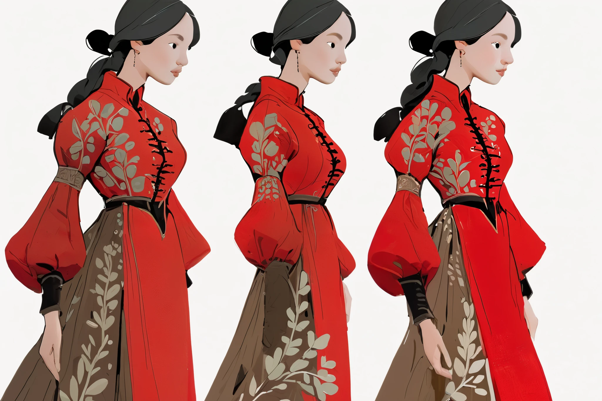 2D ART, gouache painting of 1girl in red medieval peasant dress, western clothes, illustration, gougoupaintleaves style, long medieval dress, peasant dress, long sleeves, pov from three angles, frontal full body shot, side full body shot, and back full body shot, on simple white background, very detailed, novuschroma02 style, stylized illustration conceptual art,