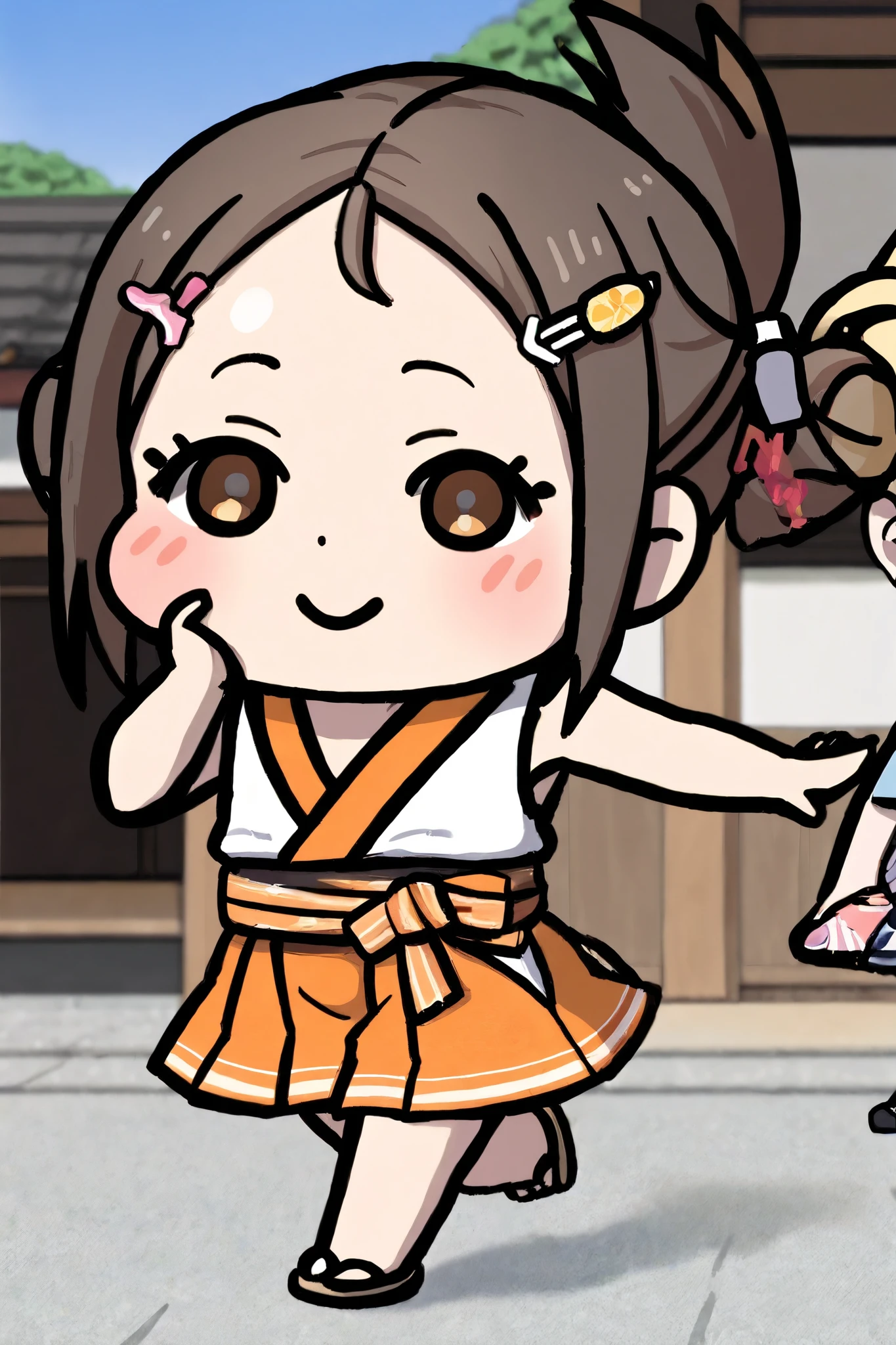 the girl turned around, clothing sample, cute, smile,  Accessories, Walking , summer, Kyoto, Kinkakuji Temple,What are the characteristics of girls（smile、  hairpins、 hairstyle showing a wide forehead 、Hairstyles split in the middle  、sleeveless）is