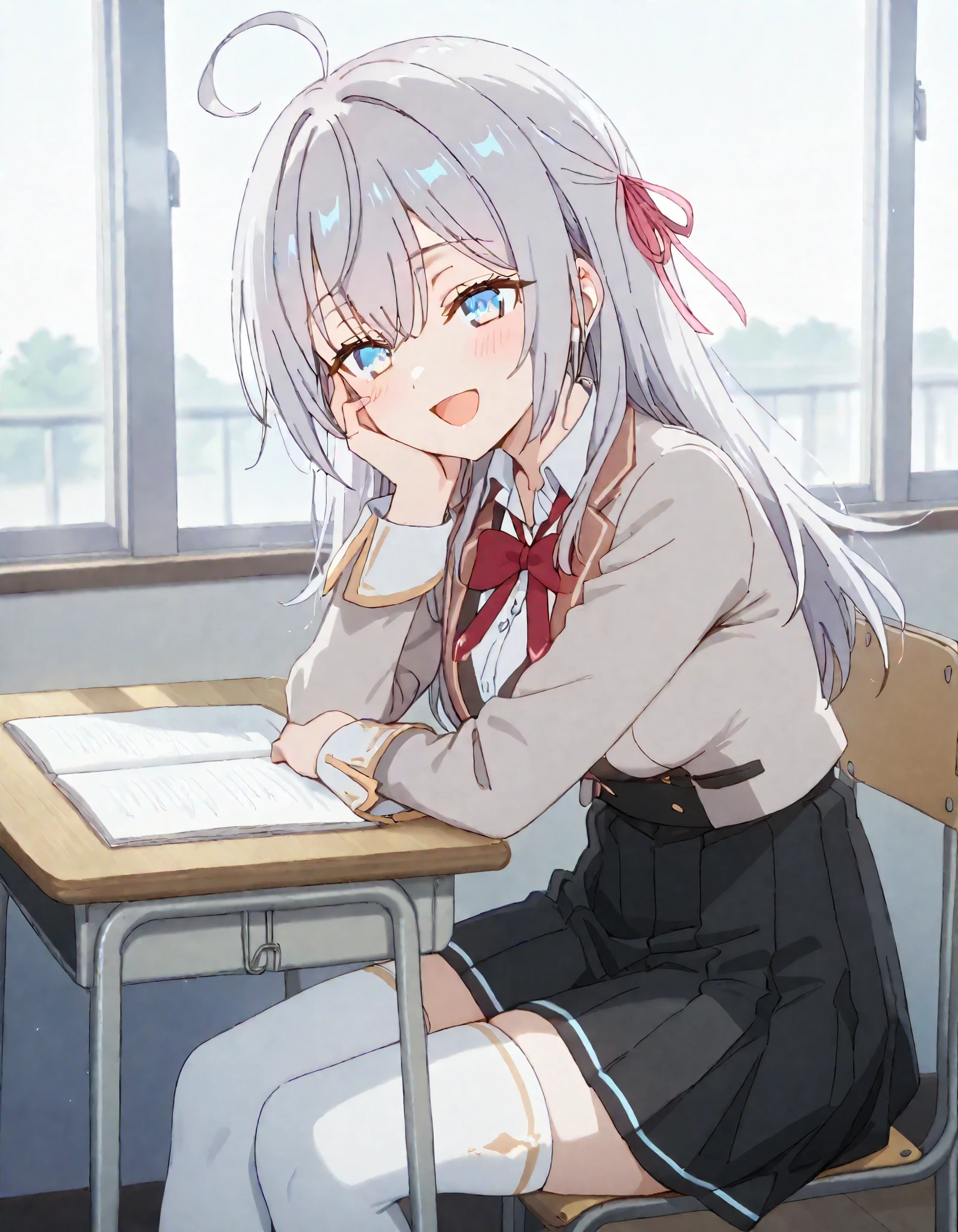 masterpiece, best quality, highly detailed, ultra high res, 1girl, alisa mikhailovna kujou, long hair, bangs, blue eyes, hair ribbon, ahoge, grey hair, red ribbon, large breasts, skirt, shirt, long sleeves, bow, school uniform, jacket, white shirt, pleated skirt, collared shirt, bowtie, black skirt, red bow, red bowtie, blazer, grey blazer, long sleeves, white thighhighs, hair ribbon, pink ribbon, smile, happy, opened mouth, hand on cheeks, Sitting, Sitting on chair, school table, indoor, classroom