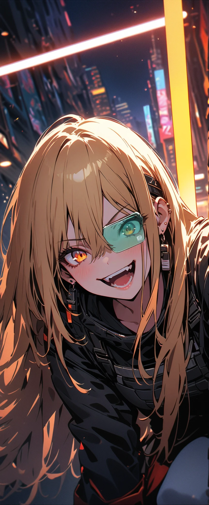 Photorealistic, High resolution, 1 Girl, Korean, Eyes with heterochromia, Small mole under eye,green leather shirt、sorrow、Frightened Eyes、Ahegao、Black Tears、Korean、1 girl、blonde、amount、Green Leather Shirt、Raise your collar、look up、