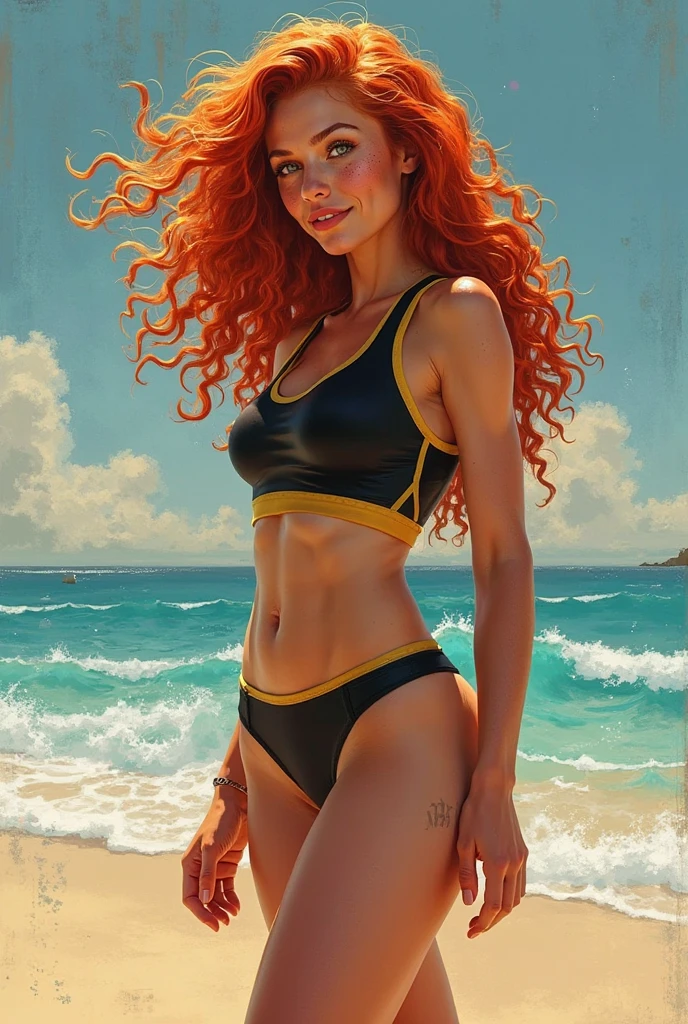 (best quality, masterpiece), 1girl, curly hair, wavy hair, wide smile, bikini, ocean, in water, wet, sun, long hair, wind,