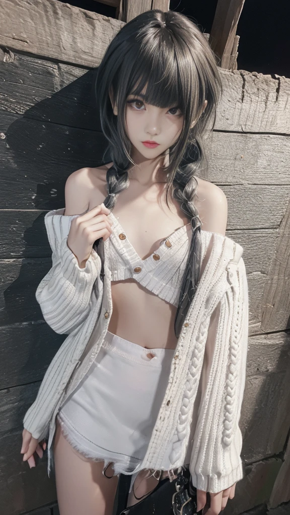 raw photo, 8k, (top-quality), Realistic, (real picture, Intricate details), (natural skin texture, detailed skin, hyper realism, sharpness), (Japanese teenage girl standing in an abandoned apartment building, Girl hiding her nipples with cardigan), ((white hand-knitted cardigan, no bra, white thongs)), (pale skin:1.2), slender body, ((white hair, long braid hair, blunt bangs)), (seductive face, provocative look, Parted lips:1.3), (((flat chest:1.5))), thigh, dusty room, cracked wall, Messy floor, Pile of rubble:1.3, spot lighting:1.3, Full body shot,
