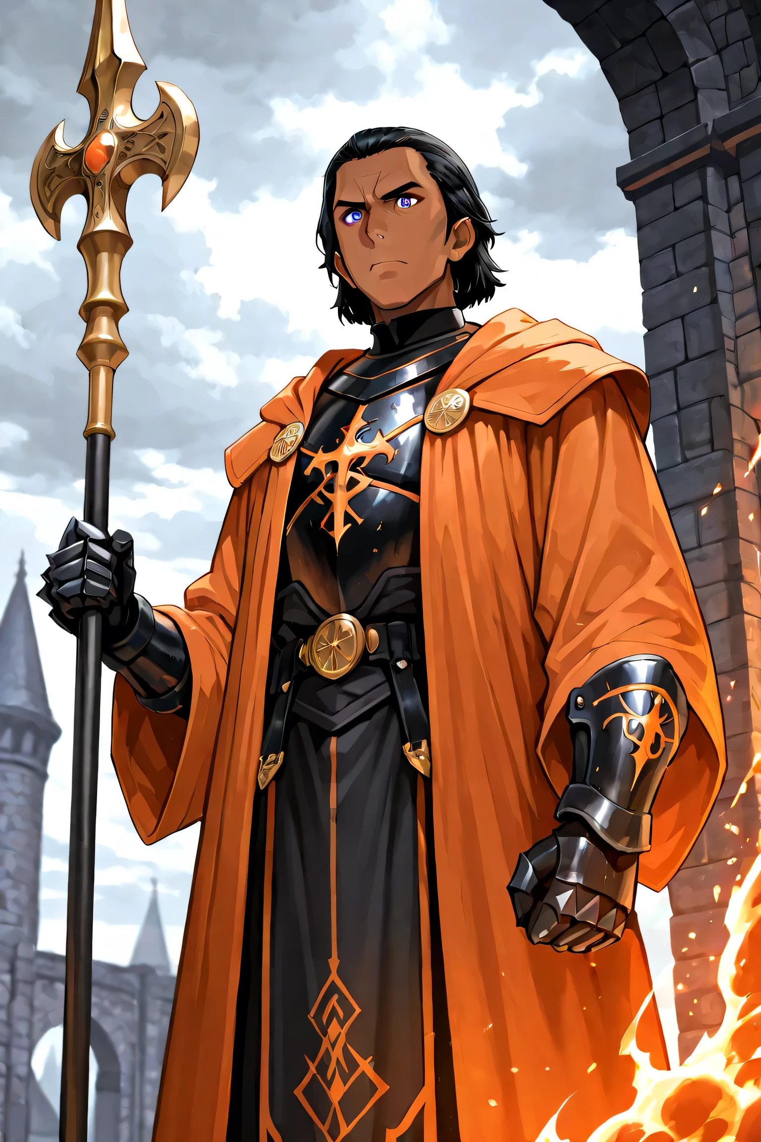  solo, male, tanned white skin, greying black hair in friars cut and balding, middle aged, violet eyes, orange priestly robes, dark steel chest plate, dark steel gauntlet, holding a golden mace, cleric, inquisitor, serious, grim expression, standing in a courtyard, cloudy day, pyre burning behind subject, fantasy, dungeons and dragons, close up